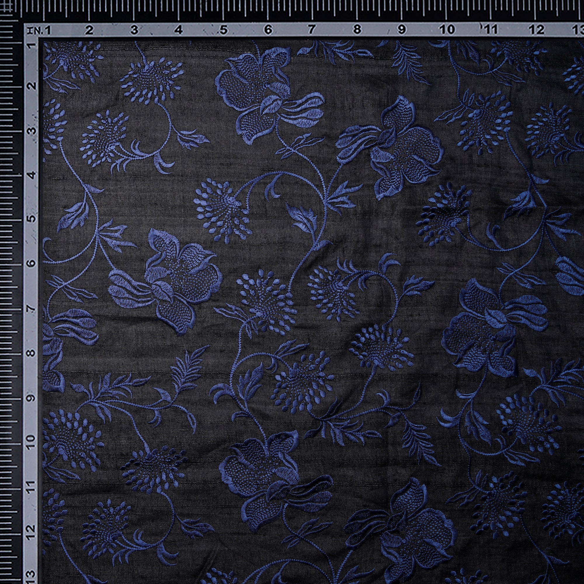 (Pre Cut 0.60 Mtr )Black-Blue Floral Pattern Embroidered Tusser Fabric