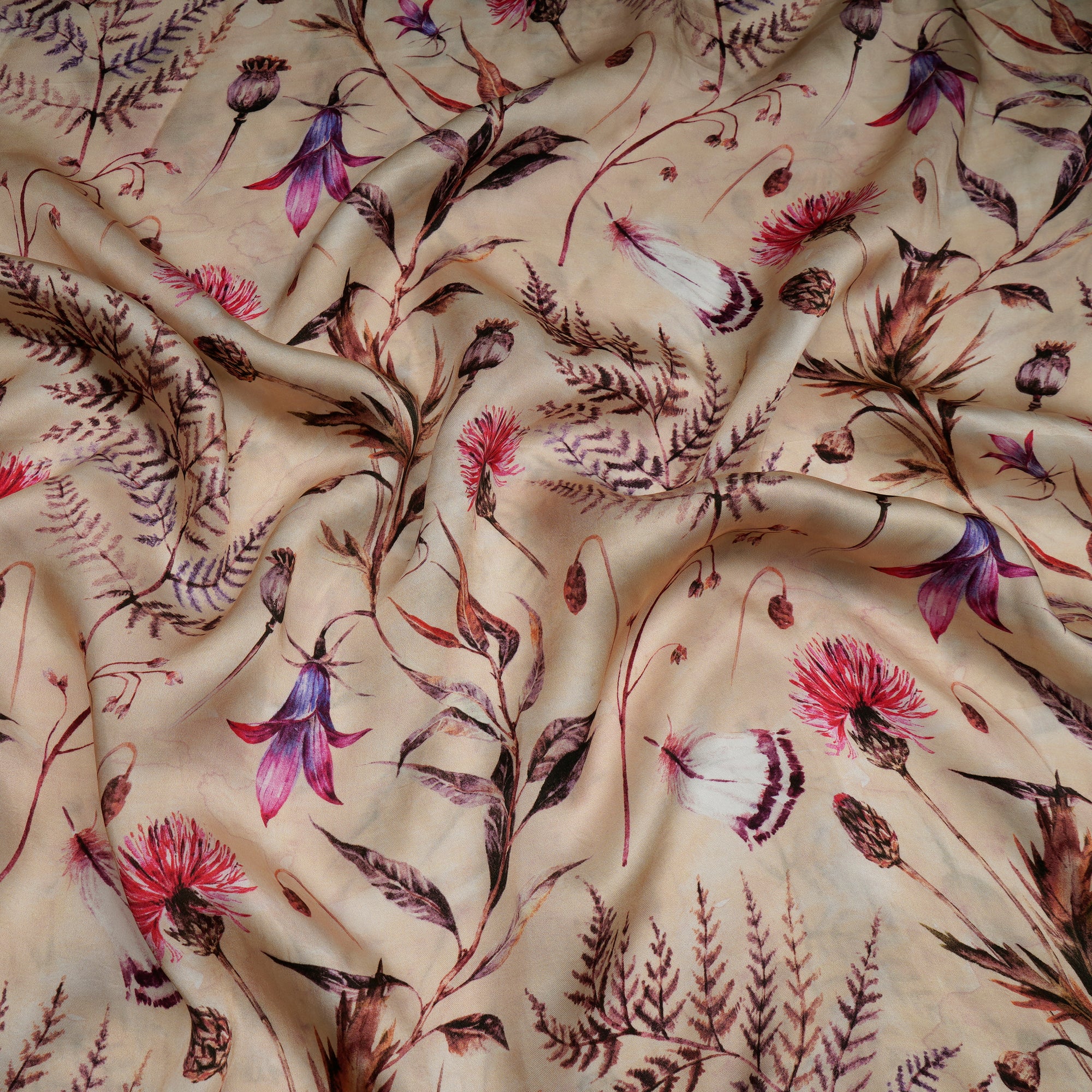 (Pre-Cut 2.60 Mtr)Cream Floral Pattern Digital Printed Bemberg Satin Fabric