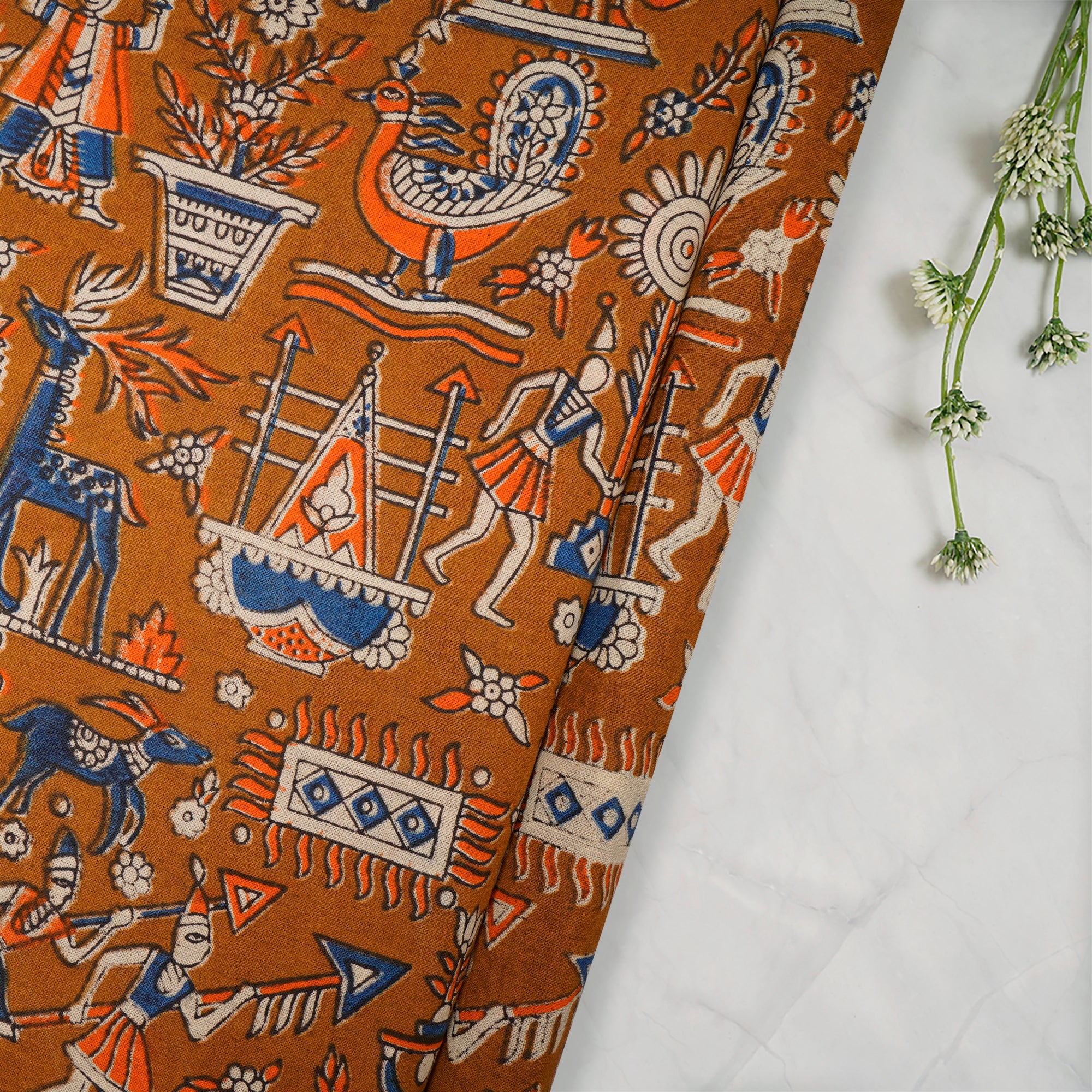 (Pre-Cut 0.90 Mtr)Multi Color Traditional Pattern Screen Printed kalamkari Cotton Fabricprecuts&&2036