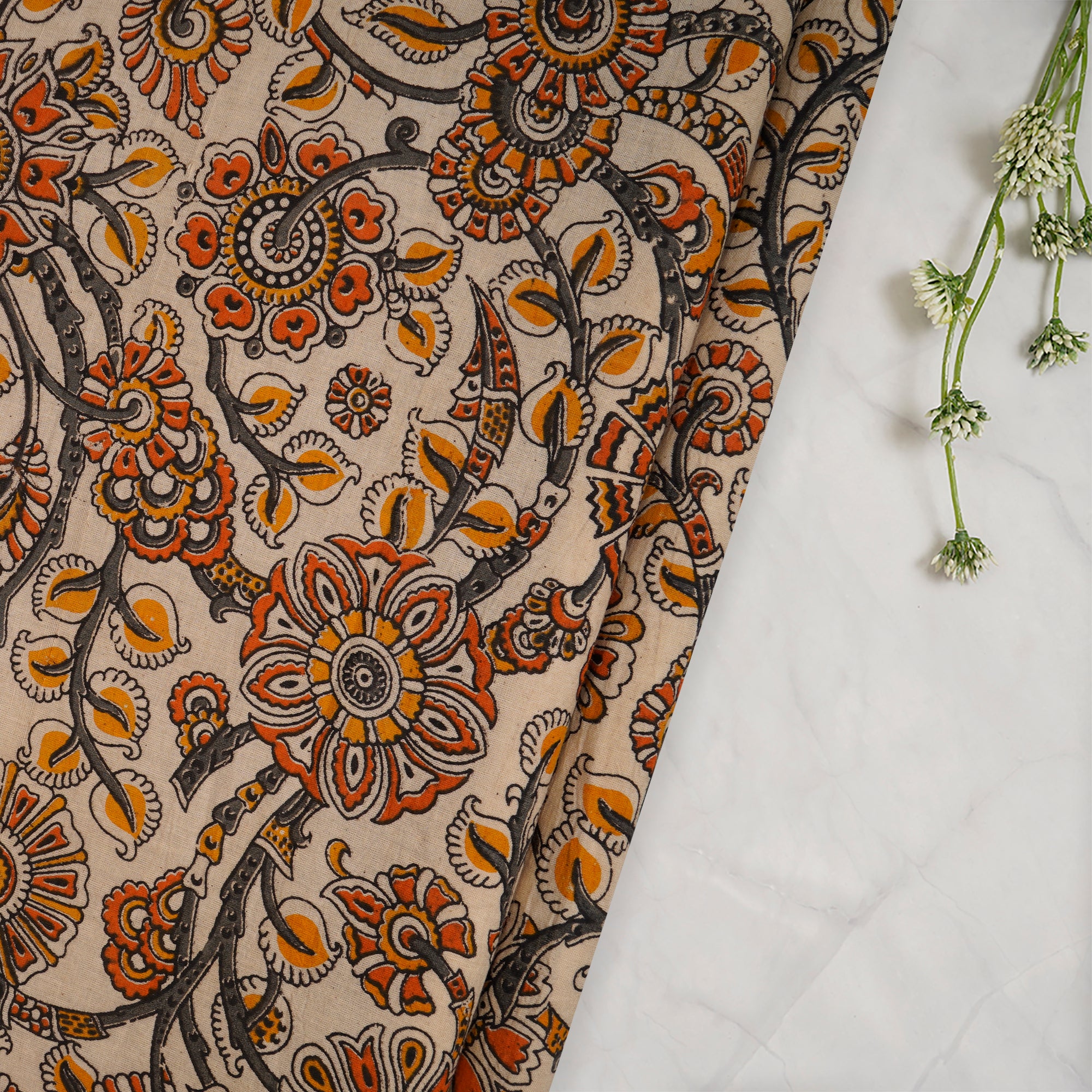 (Pre-Cut 1.25 Mtr) Beige Floral Pattern Hand Block kalamkari Cotton Fabric