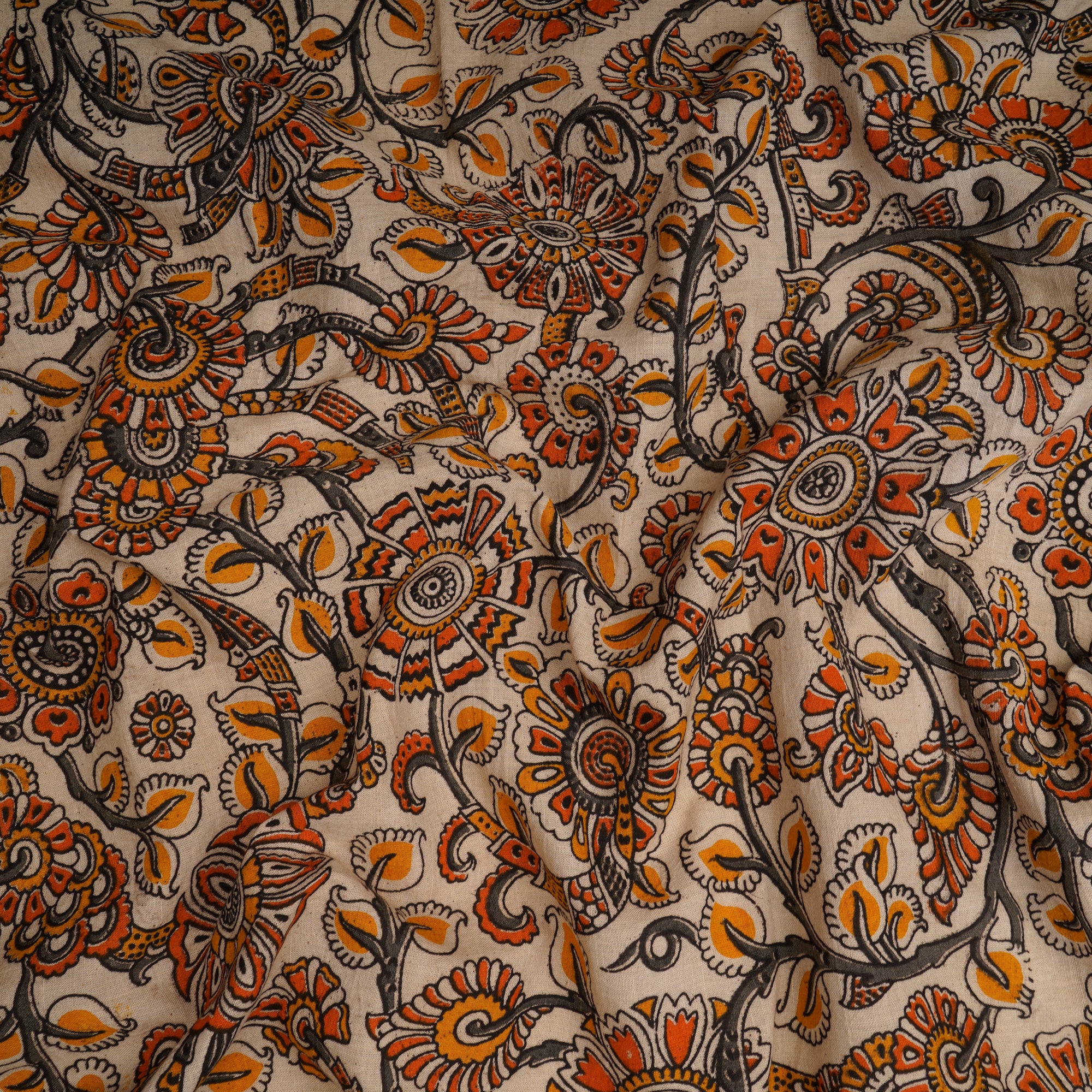 (Pre-Cut 1.25 Mtr) Beige Floral Pattern Hand Block kalamkari Cotton Fabric