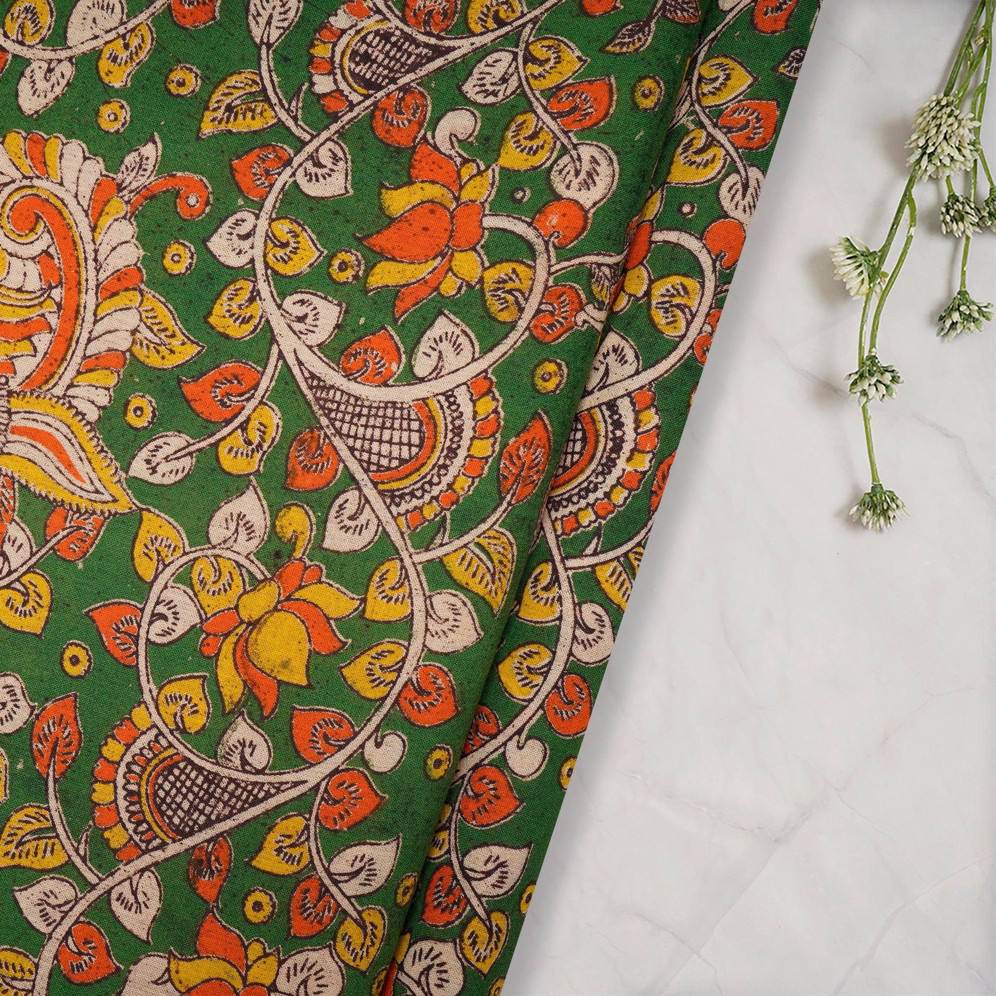 (Pre-Cut 1.30 Mtr)Multi Color Floral Pattern Screen Printed kalamkari Cotton Fabricprecuts&&2038