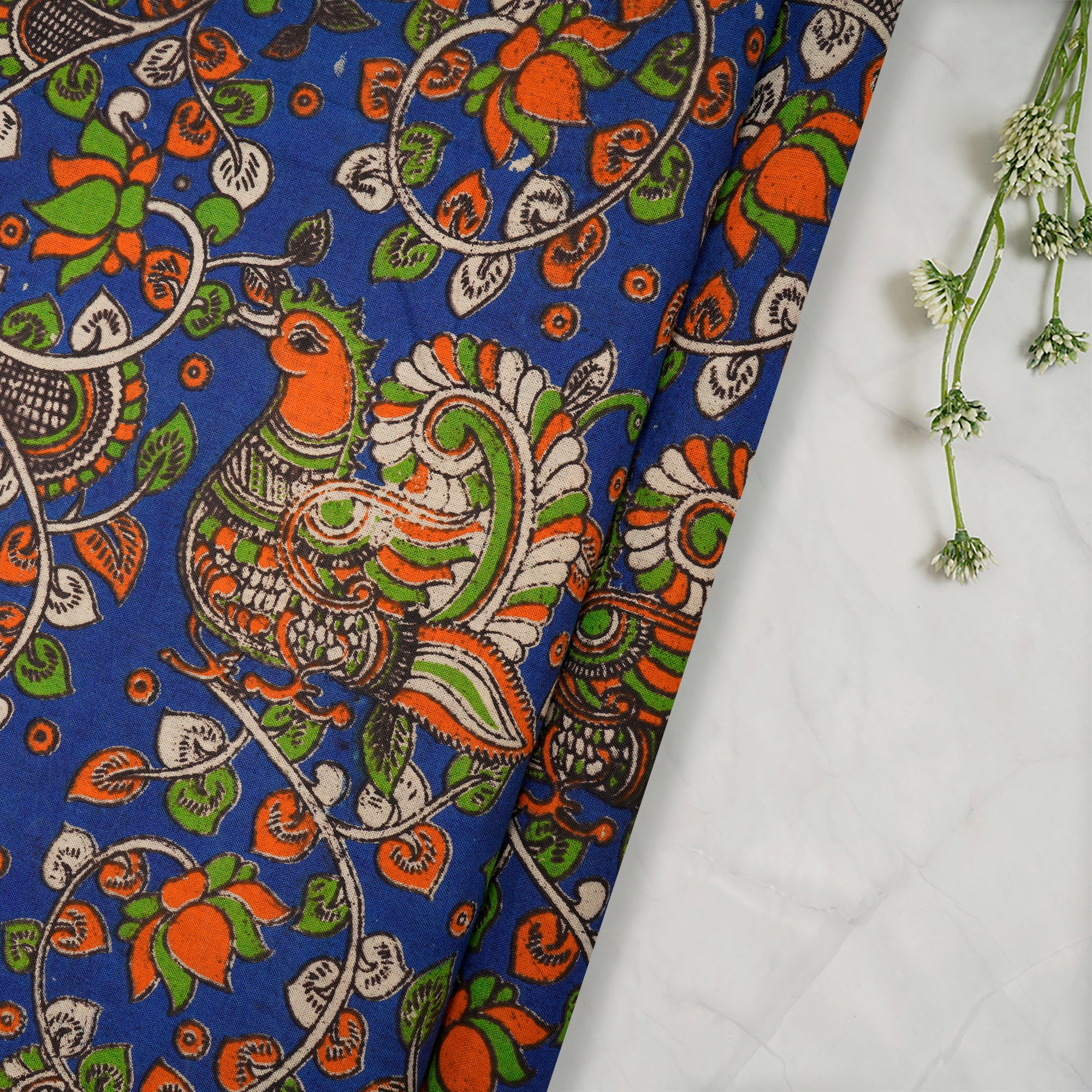 (Pre-Cut 1.40 Mtr)Multi Color Floral Pattern Screen Printed kalamkari Cotton Fabric