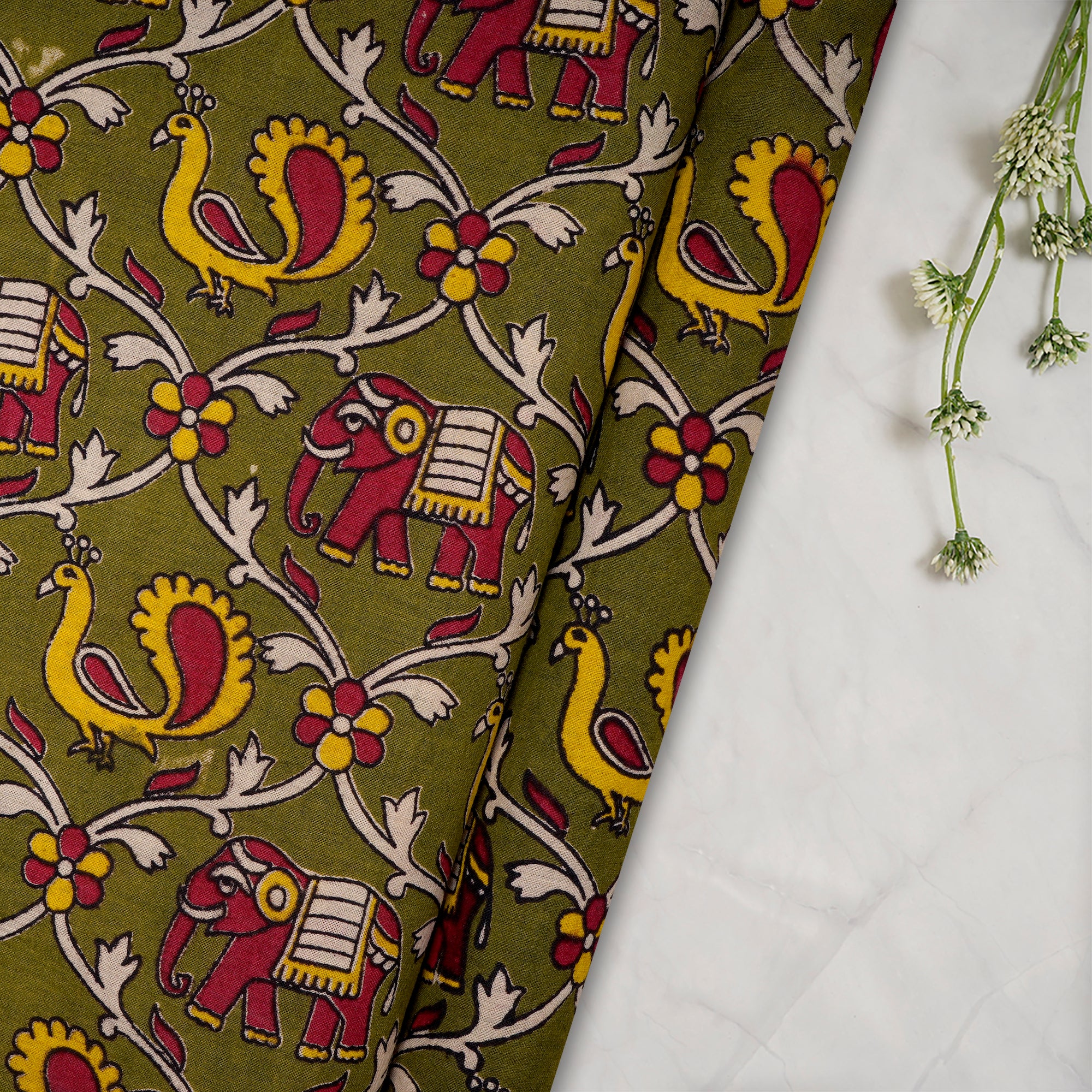 (Pre-Cut 1.50 Mtr)Multi Color Traditional Pattern Screen Printed kalamkari Cotton Fabric