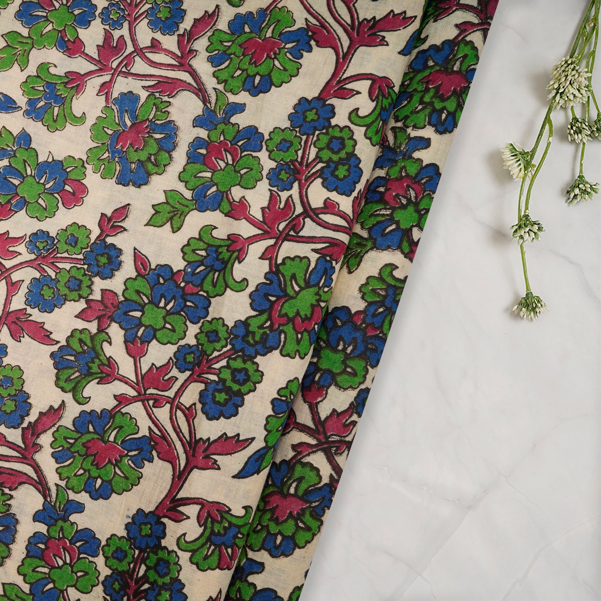 (Pre-Cut 1.50 Mtr)Multi Floral Pattern Screen Printed kalamkari Cotton Fabric