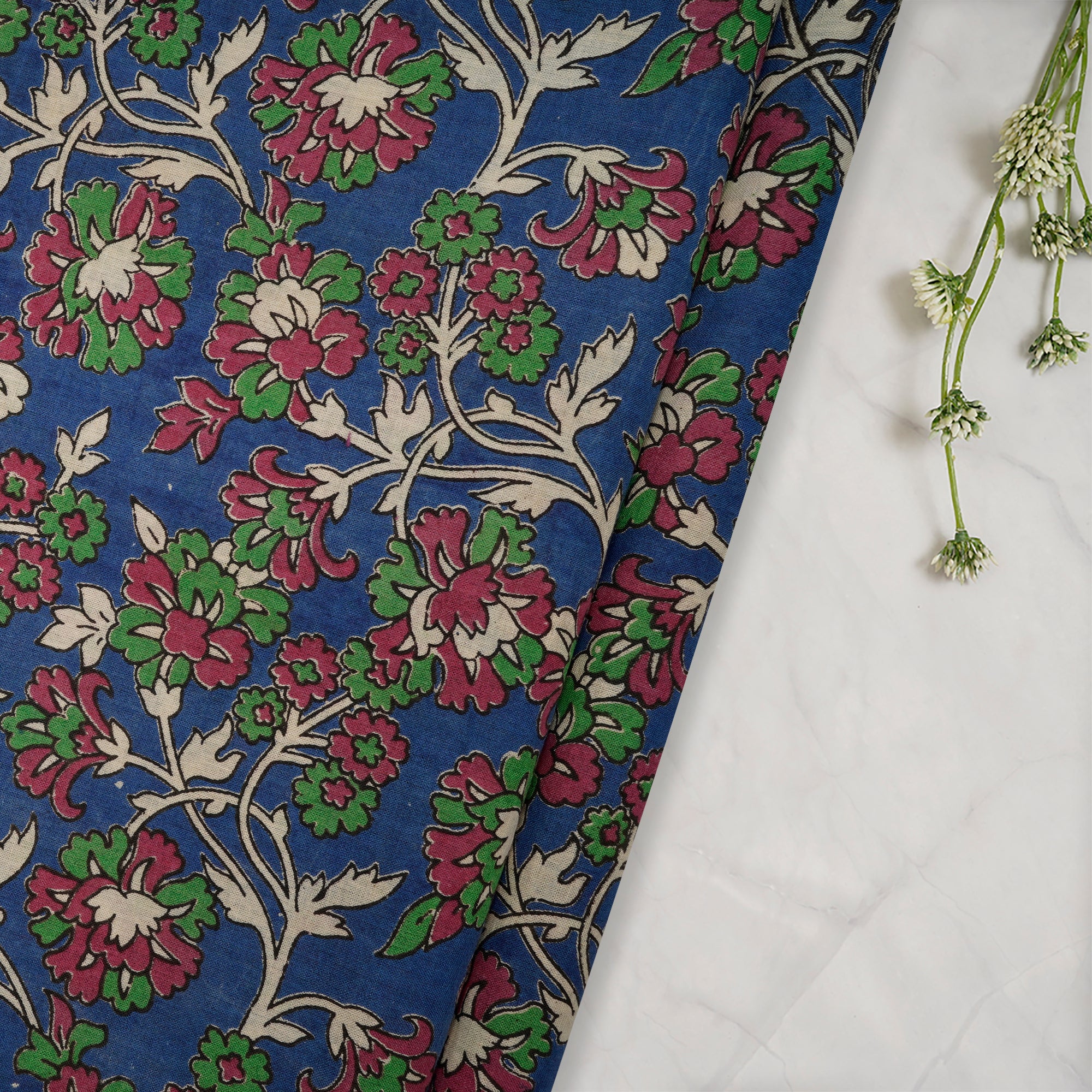 (Pre-Cut 1.50 Mtr)Multi Floral Pattern Screen Printed kalamkari Cotton Fabric