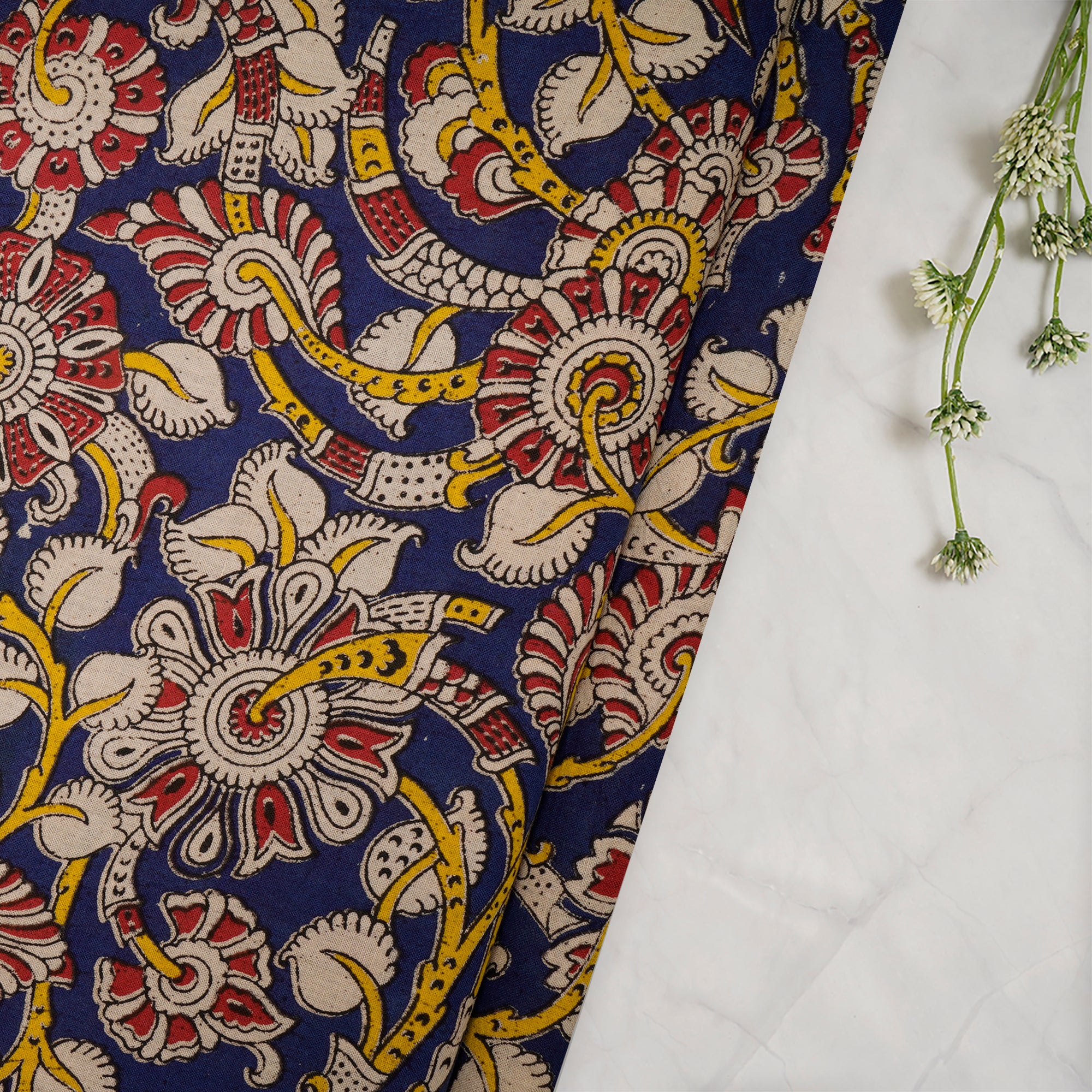 (Pre-Cut 1.50Mtr)Multi Color Floral Pattern Screen Printed kalamkari Cotton Fabric
