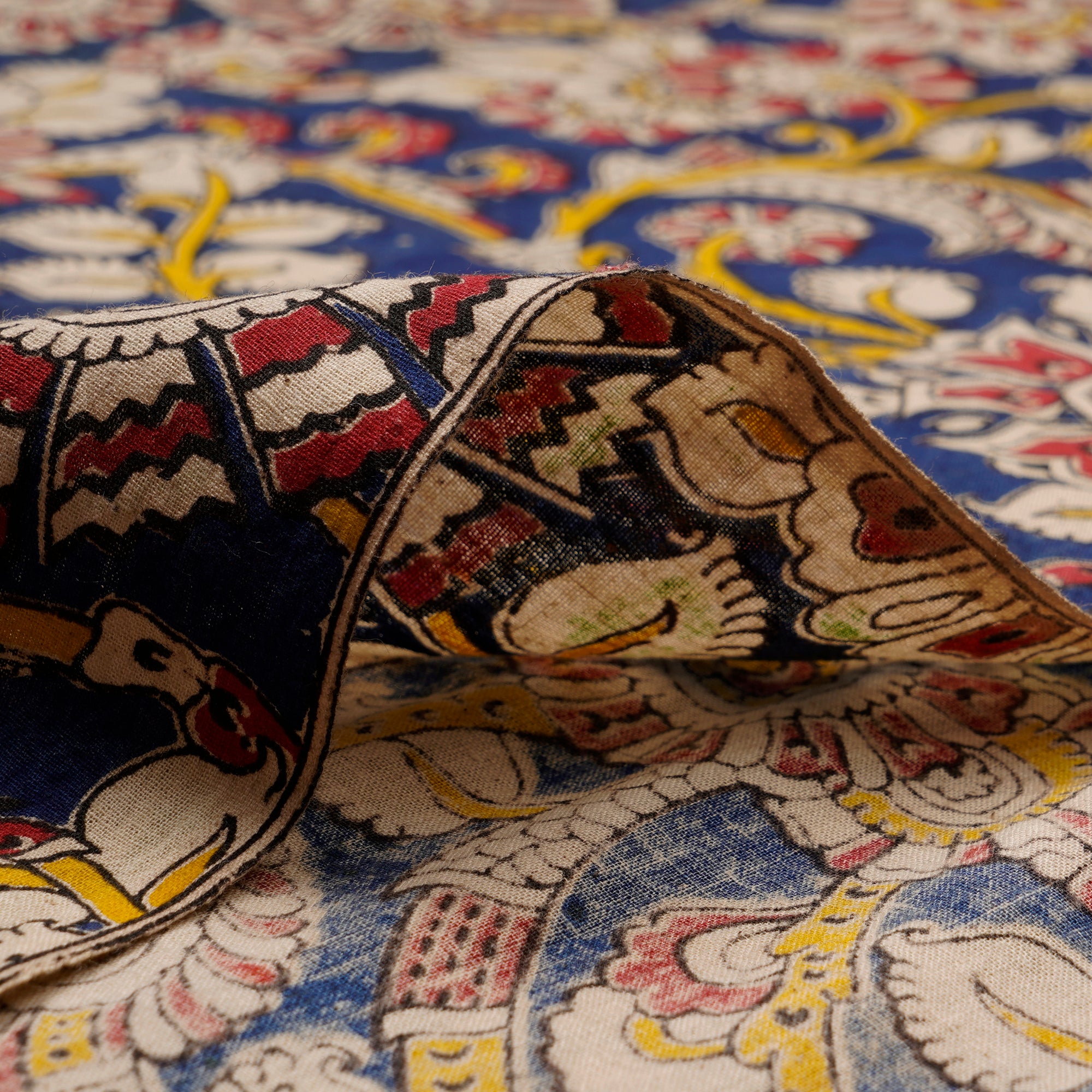 (Pre-Cut 1.50Mtr)Multi Color Floral Pattern Screen Printed kalamkari Cotton Fabric
