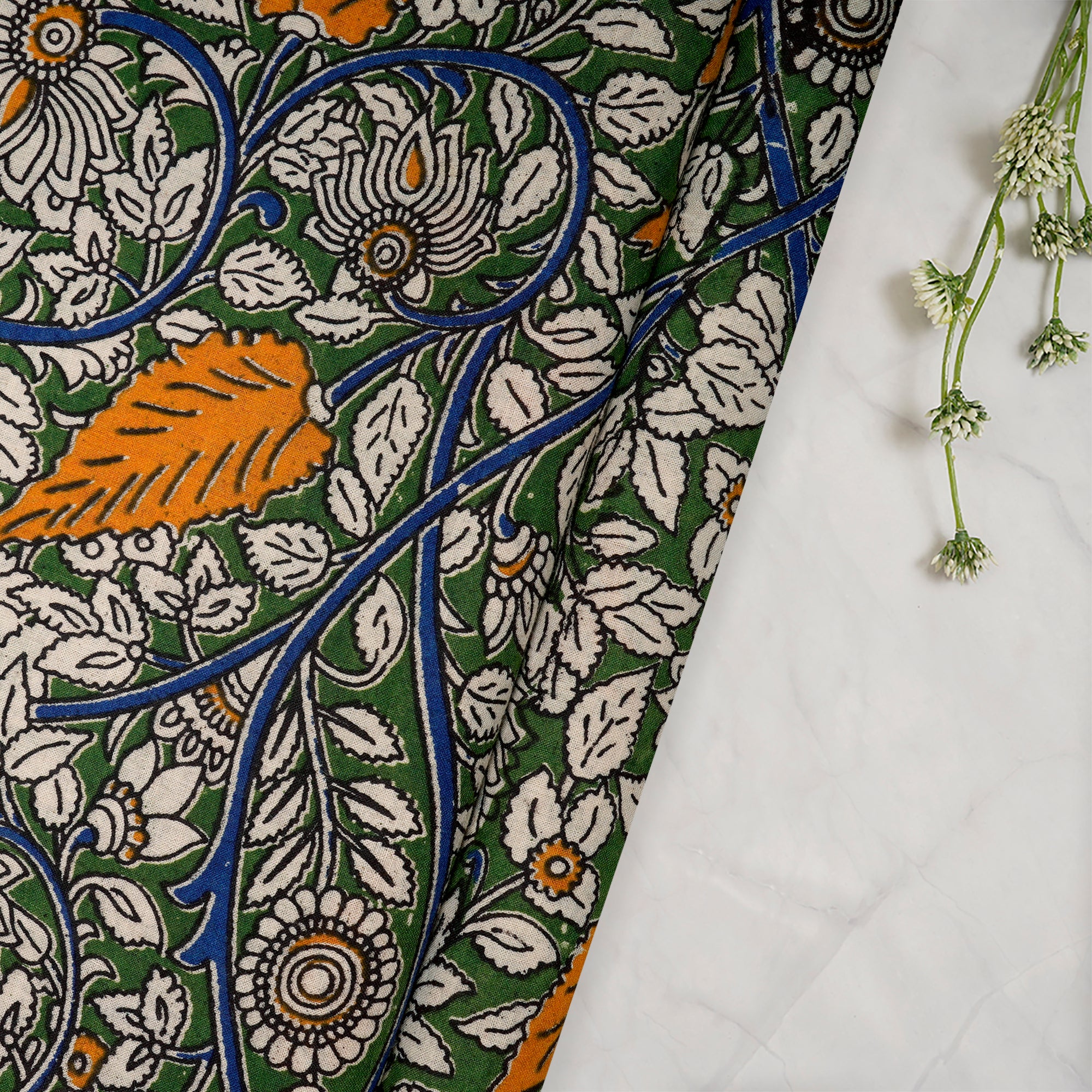 (Pre-Cut 1.60 Mtr)Multi Floral Pattern Screen Printed kalamkari Cotton Fabric