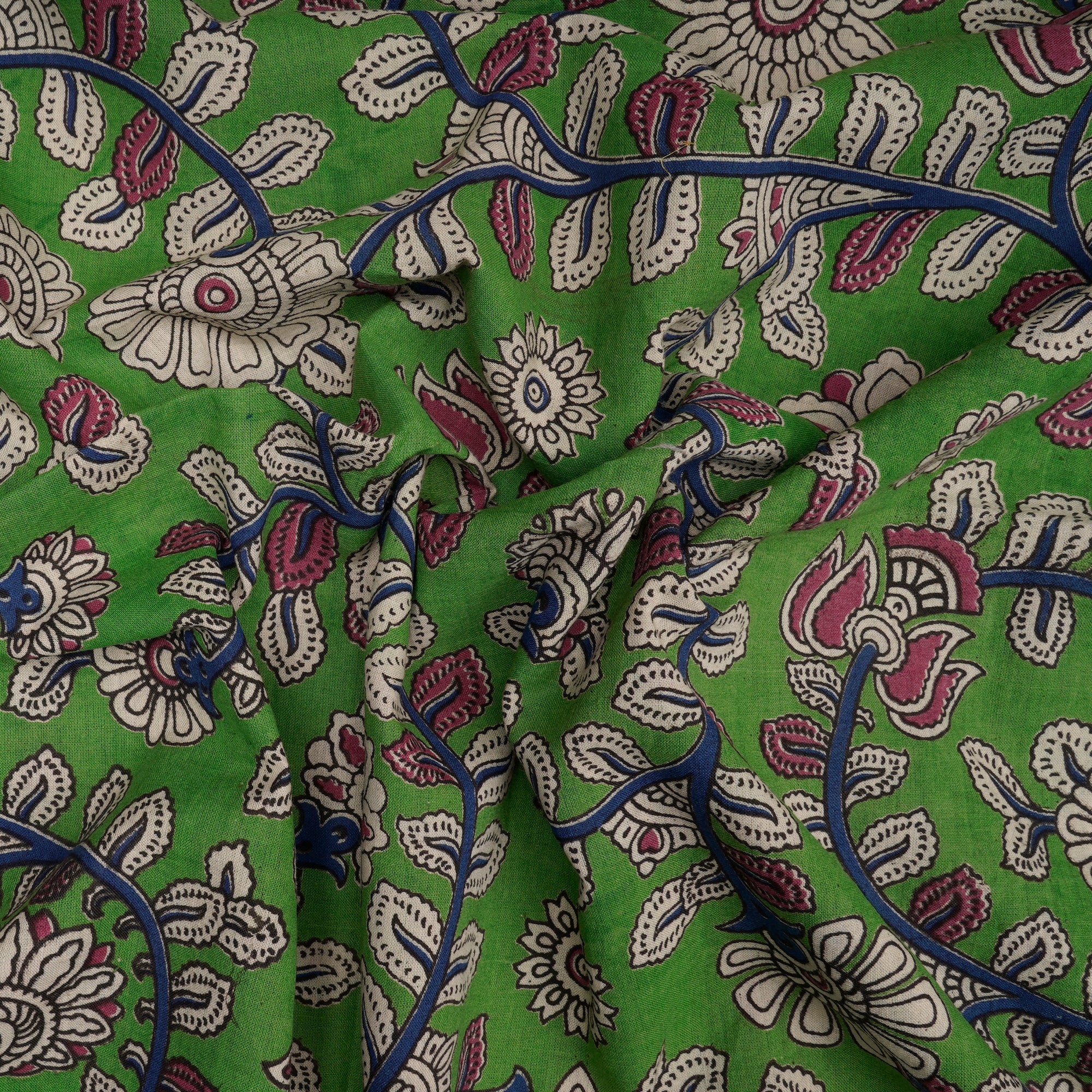 (Pre-Cut 1.70 Mtr)Green Floral Pattern Screen Printed kalamkari Cotton Fabric