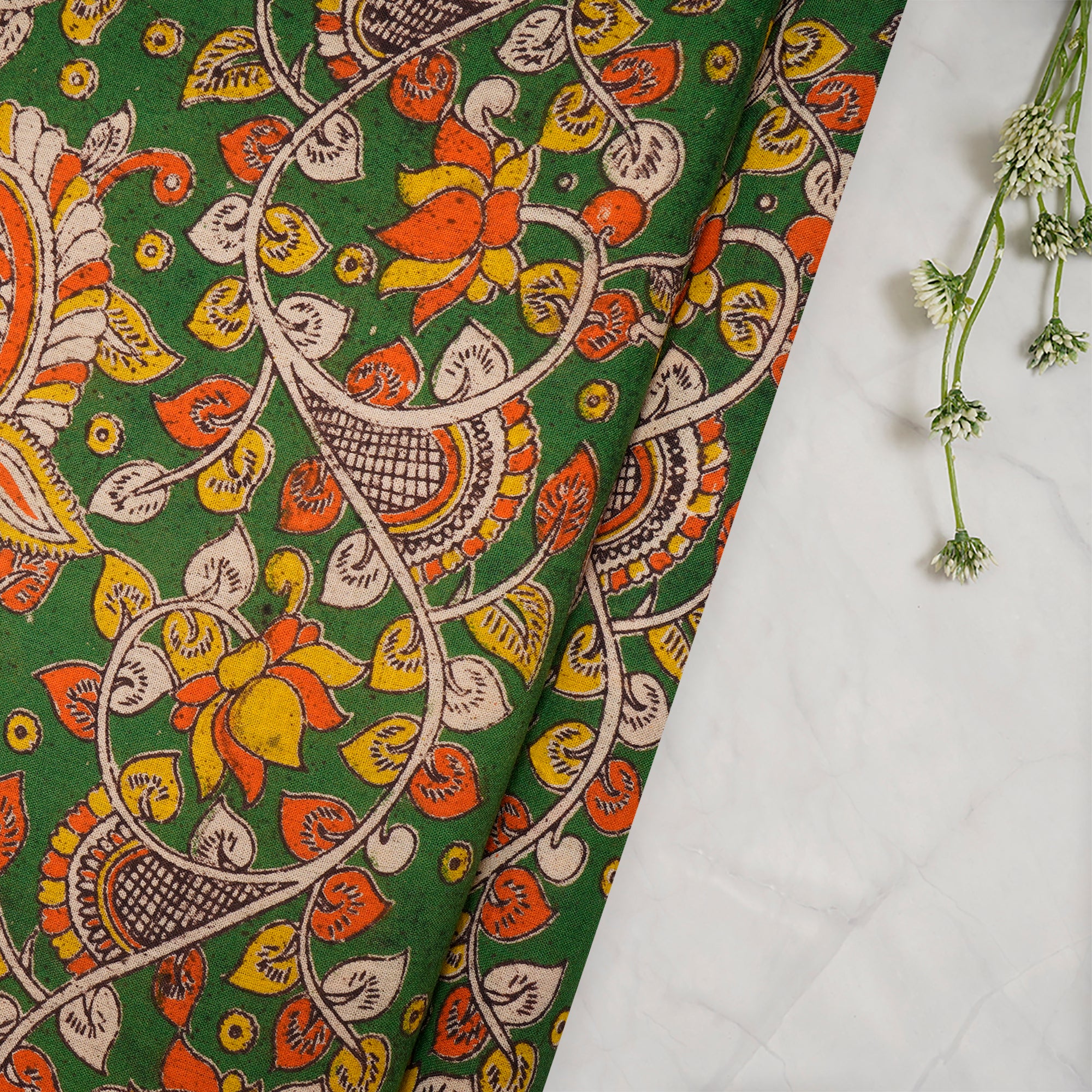 (Pre-Cut 2.35 Mtr)Green Traditional Pattern Hand Block Kalamkari Cotton Fabric