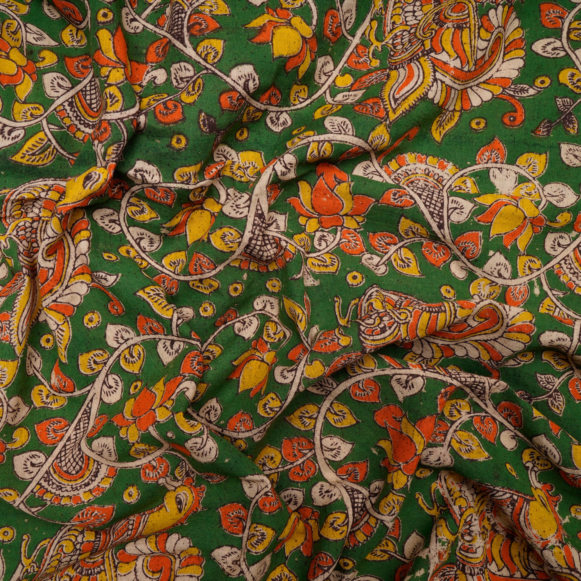 (Pre-Cut 2.35 Mtr)Green Traditional Pattern Hand Block Kalamkari Cotton Fabric