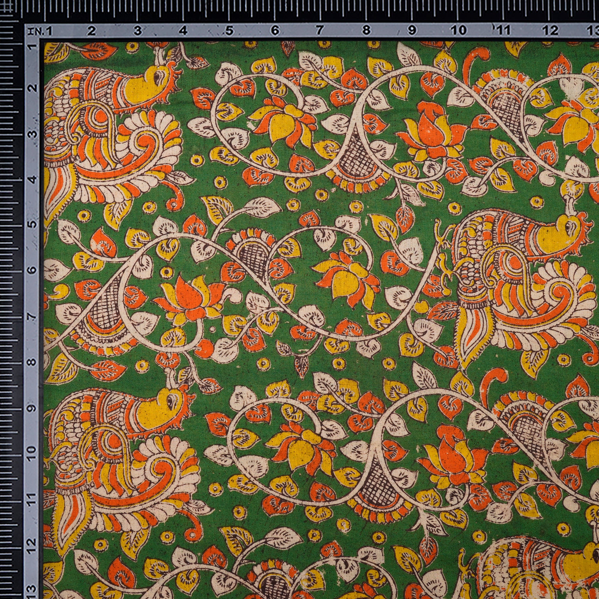 (Pre-Cut 2.35 Mtr)Green Traditional Pattern Hand Block Kalamkari Cotton Fabric