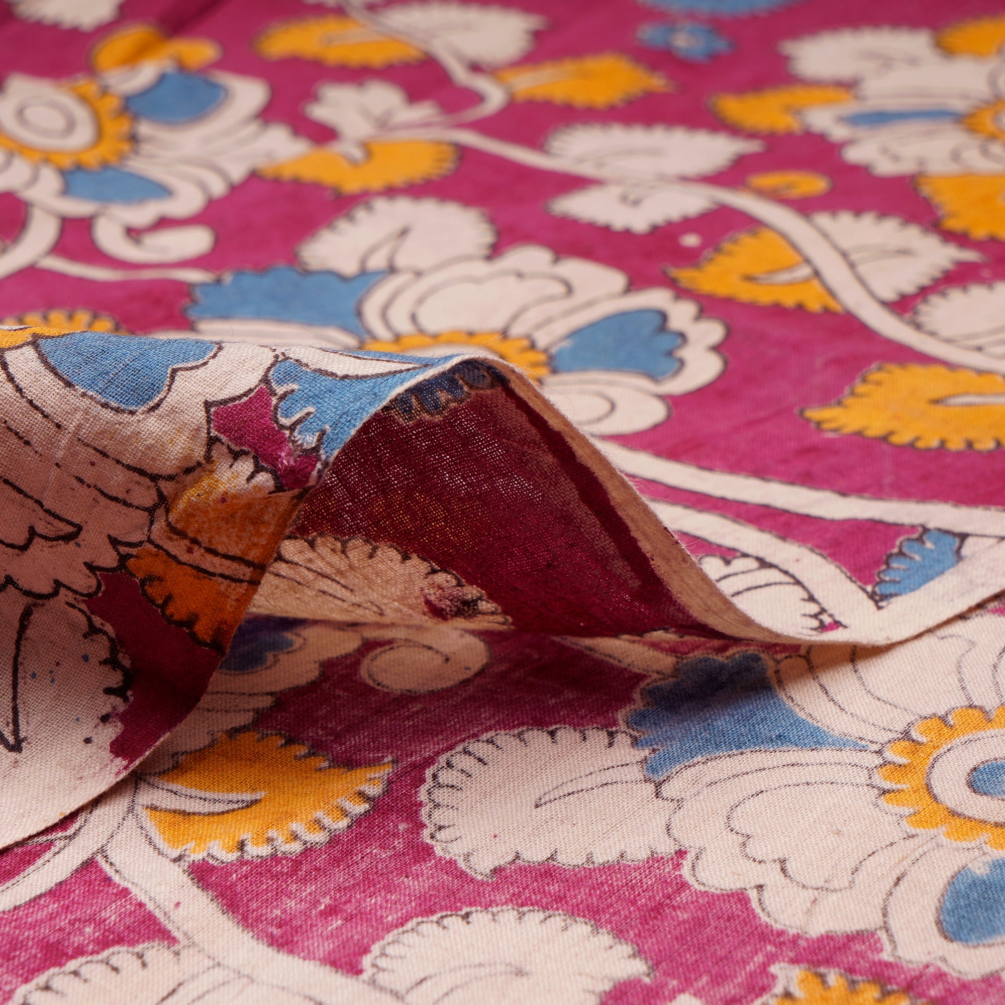 (Pre-Cut 2.40 Mtr)Multi Color Floral Pattern Screen Printed kalamkari Cotton Fabric