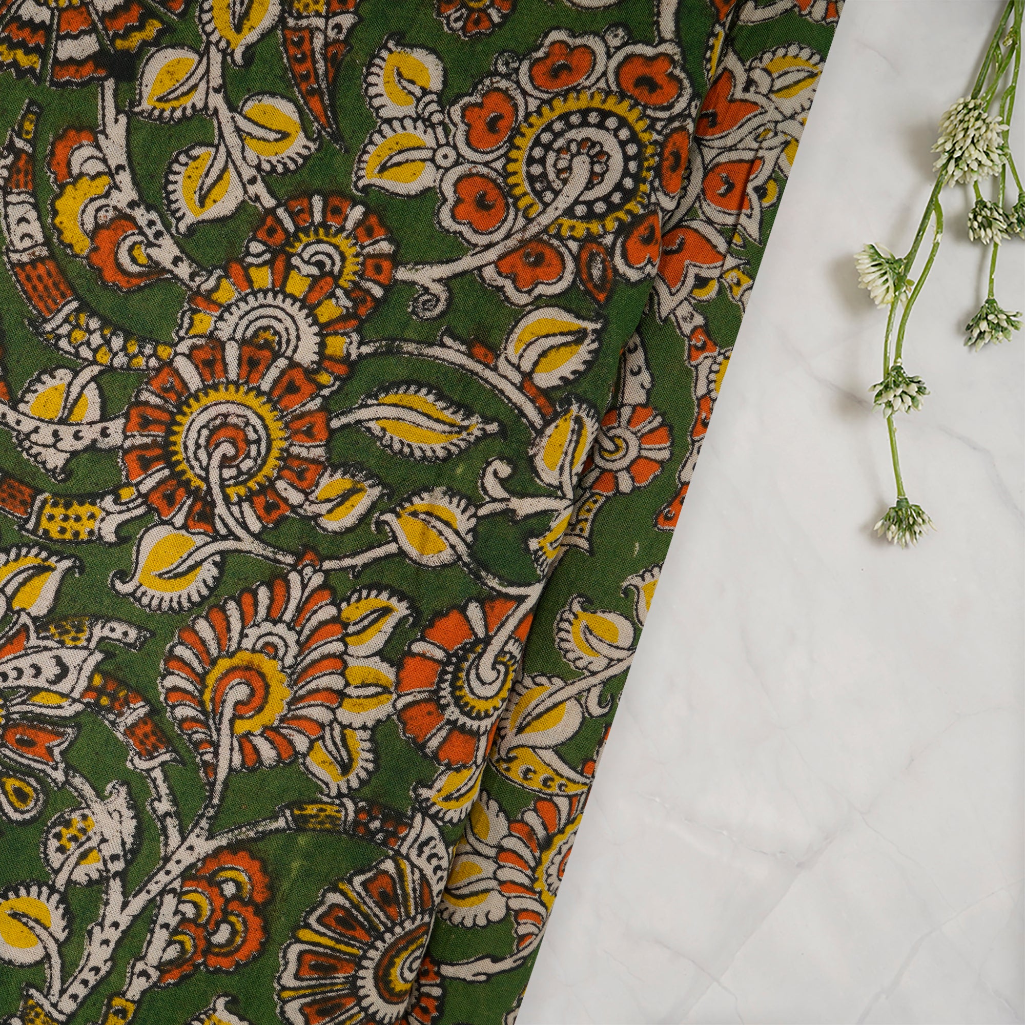 (Pre-Cut 2.90 Mtr) Green Floral Pattern Hand Block kalamkari Cotton Fabric