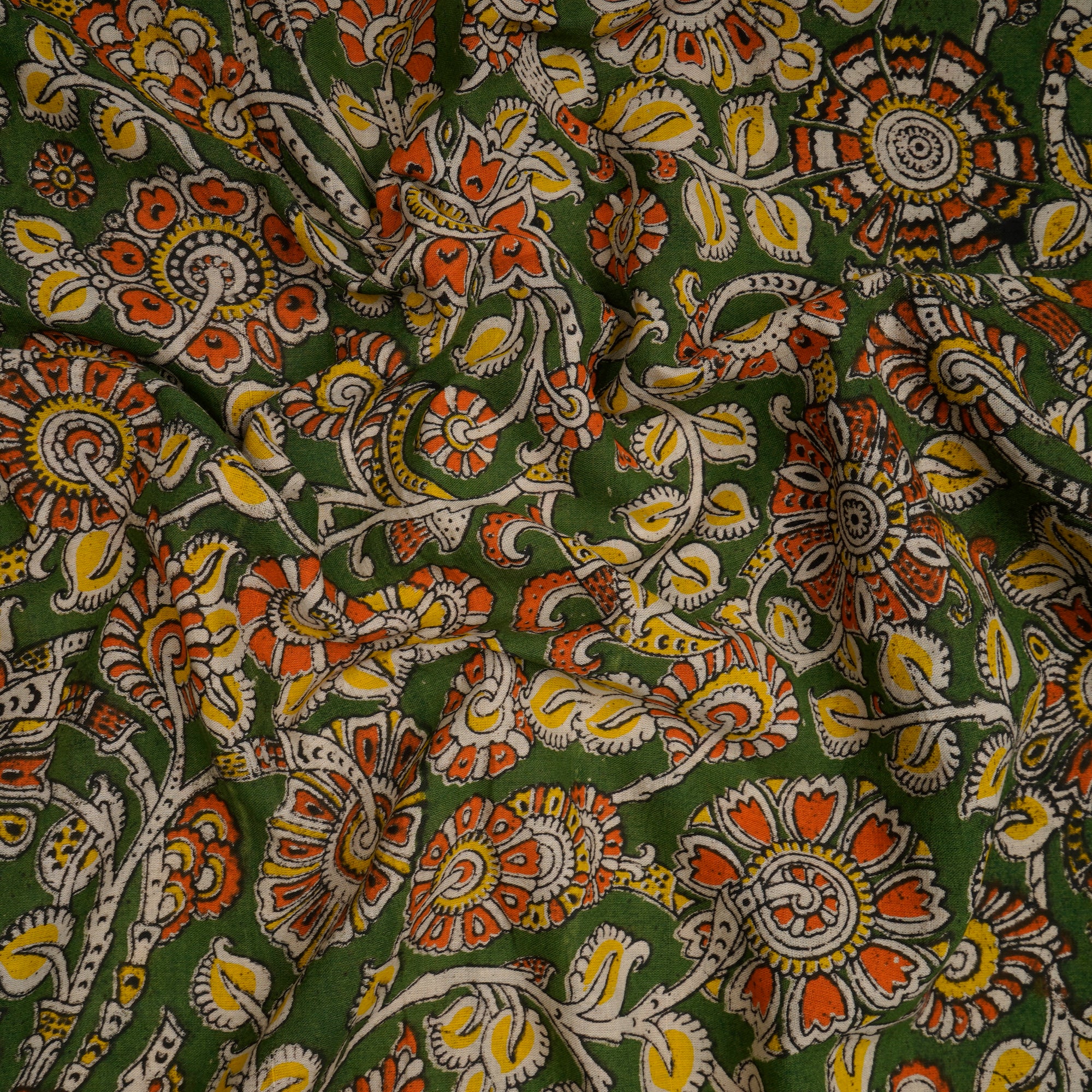 (Pre-Cut 2.90 Mtr) Green Floral Pattern Hand Block kalamkari Cotton Fabric