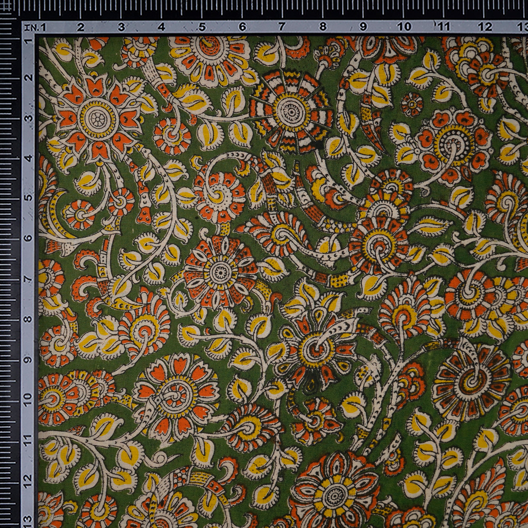 (Pre-Cut 2.90 Mtr) Green Floral Pattern Hand Block kalamkari Cotton Fabric