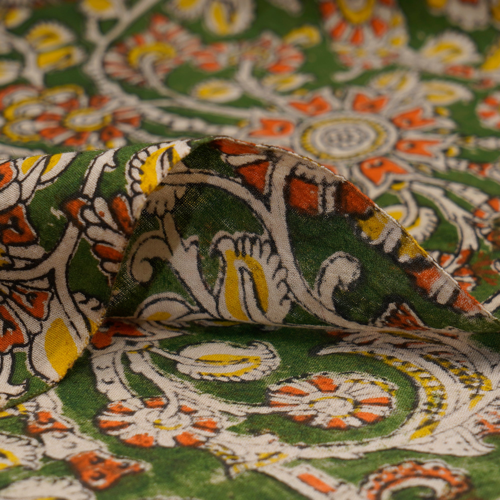 (Pre-Cut 2.90 Mtr) Green Floral Pattern Hand Block kalamkari Cotton Fabric