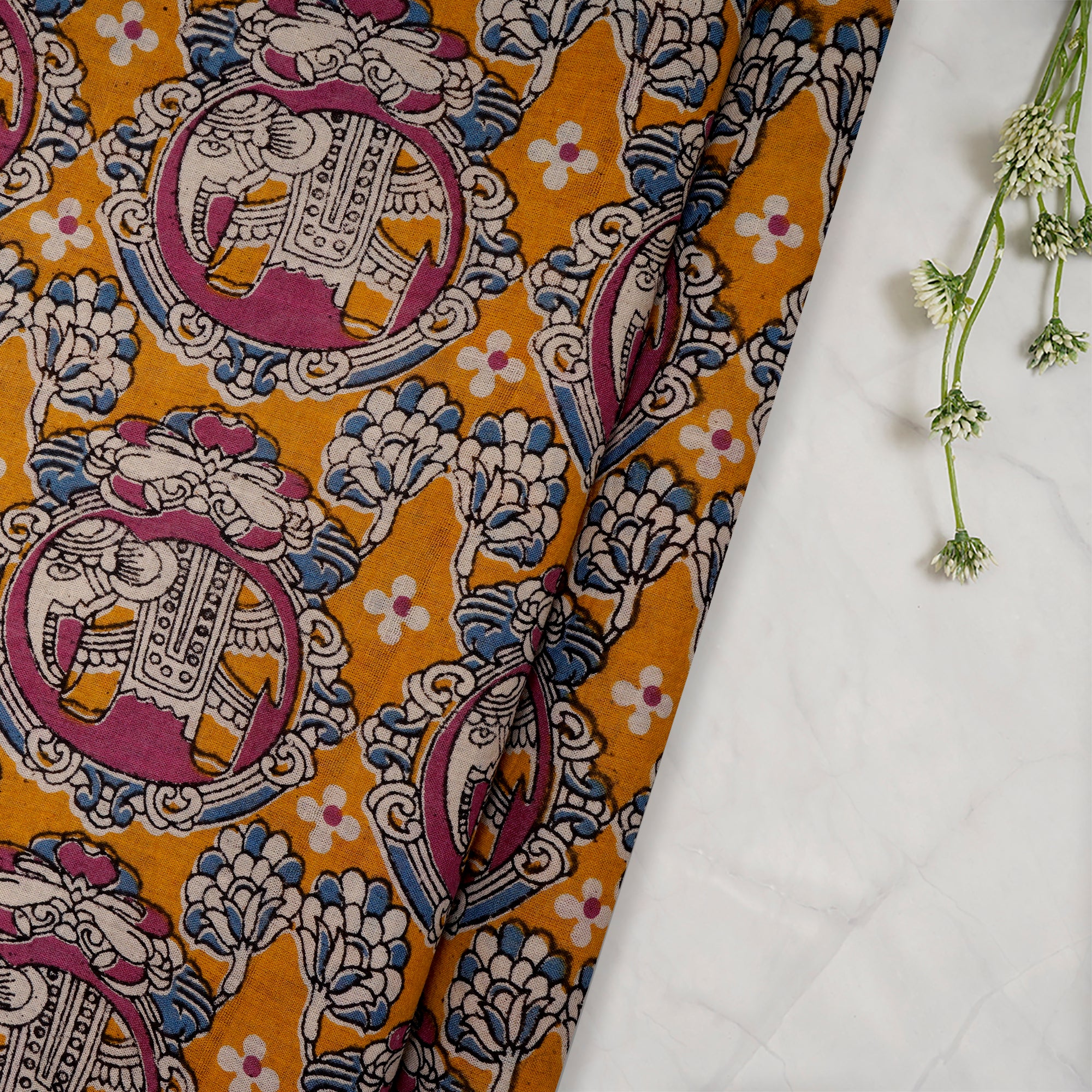 (Pre-Cut 3.25 Mtr)Multi Color Floral Pattern Screen Printed kalamkari Cotton Fabric