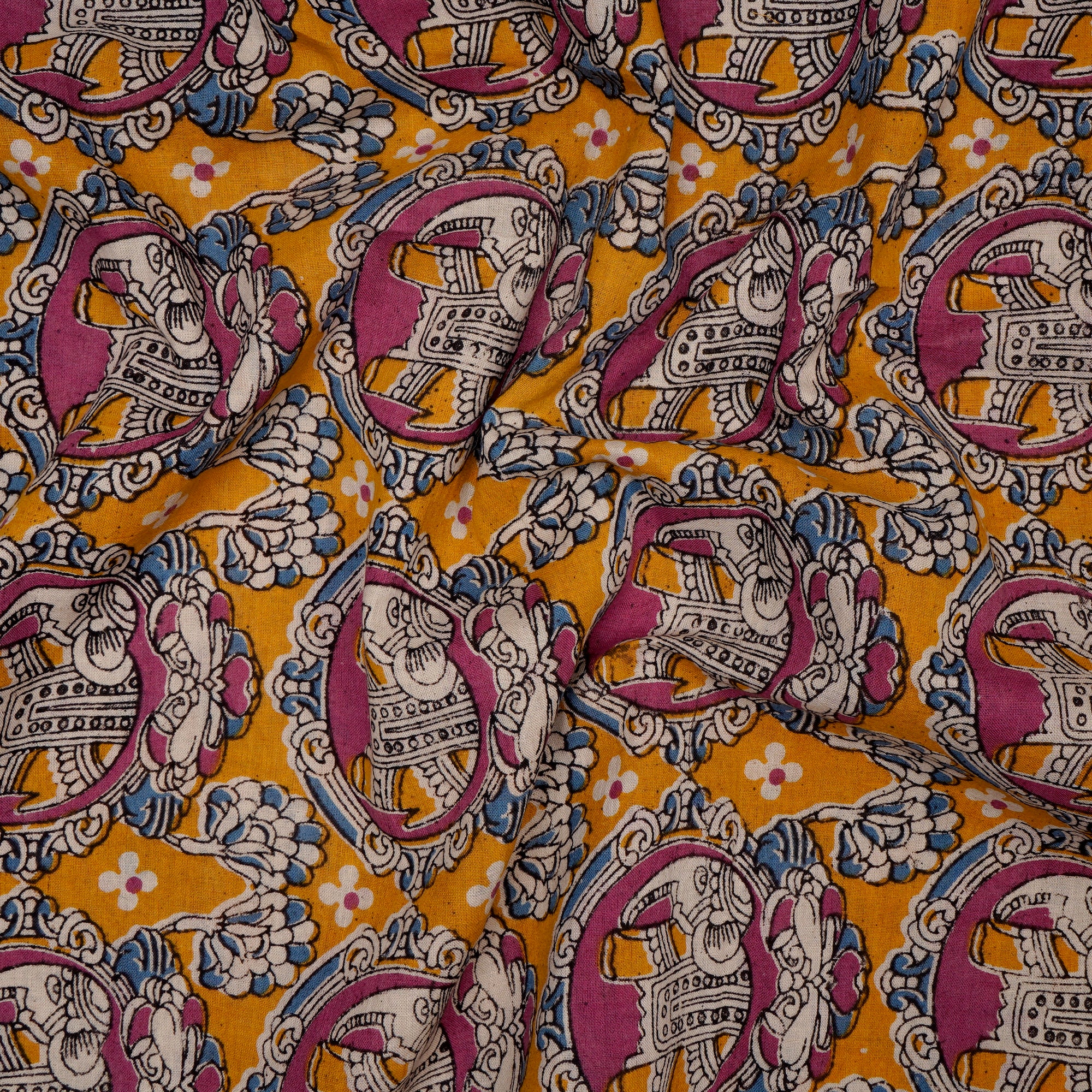 (Pre-Cut 3.25 Mtr)Multi Color Floral Pattern Screen Printed kalamkari Cotton Fabric