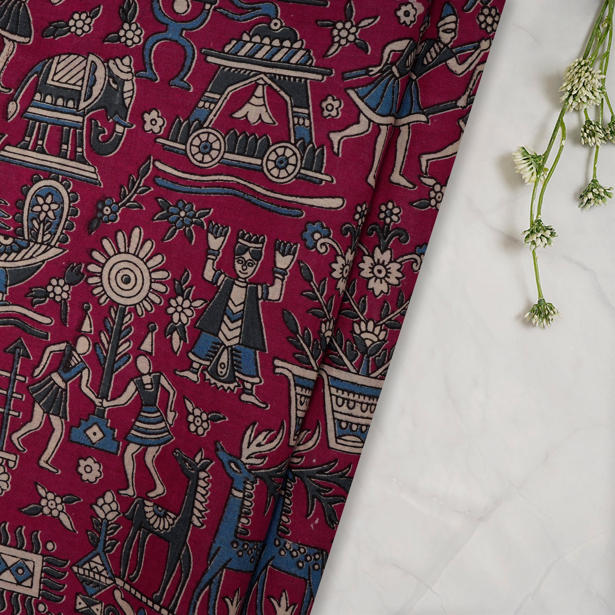 (Pre-Cut 3.75 Mtr)Multi Color Traditional Pattern Screen Printed kalamkari Cotton Fabric