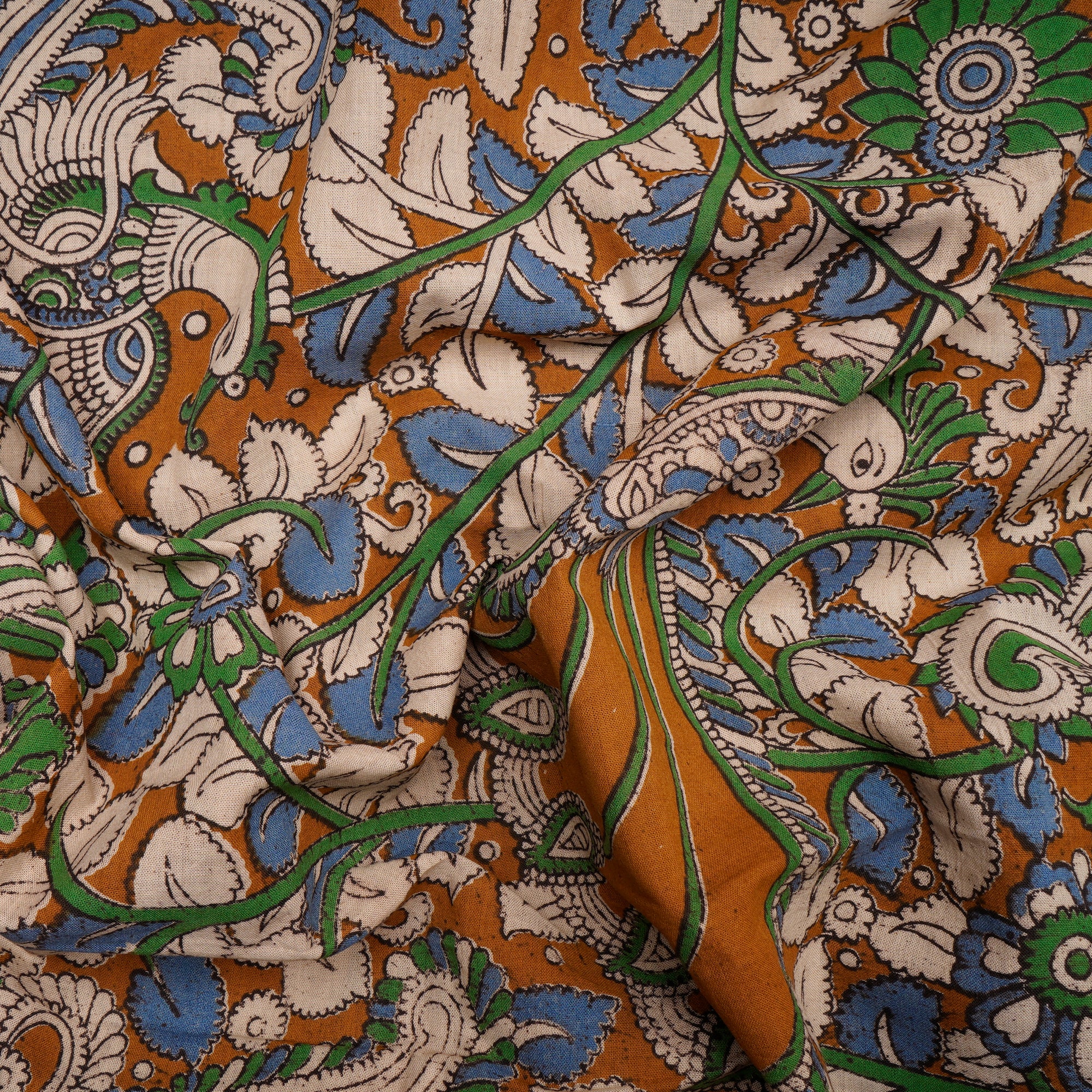 (Pre-Cut 4.00 Mtr) Multi Color Floral Pattern Screen Printed kalamkari Cotton Fabric