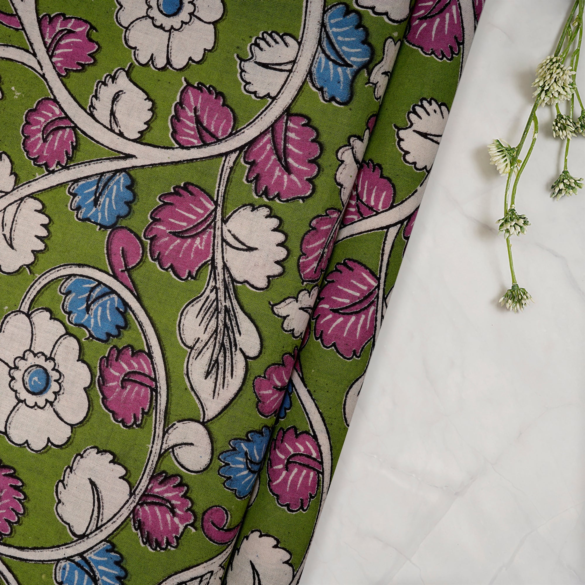(Pre-Cut 4.30 Mtr)Green Floral Pattern Screen Printed kalamkari Cotton Fabric