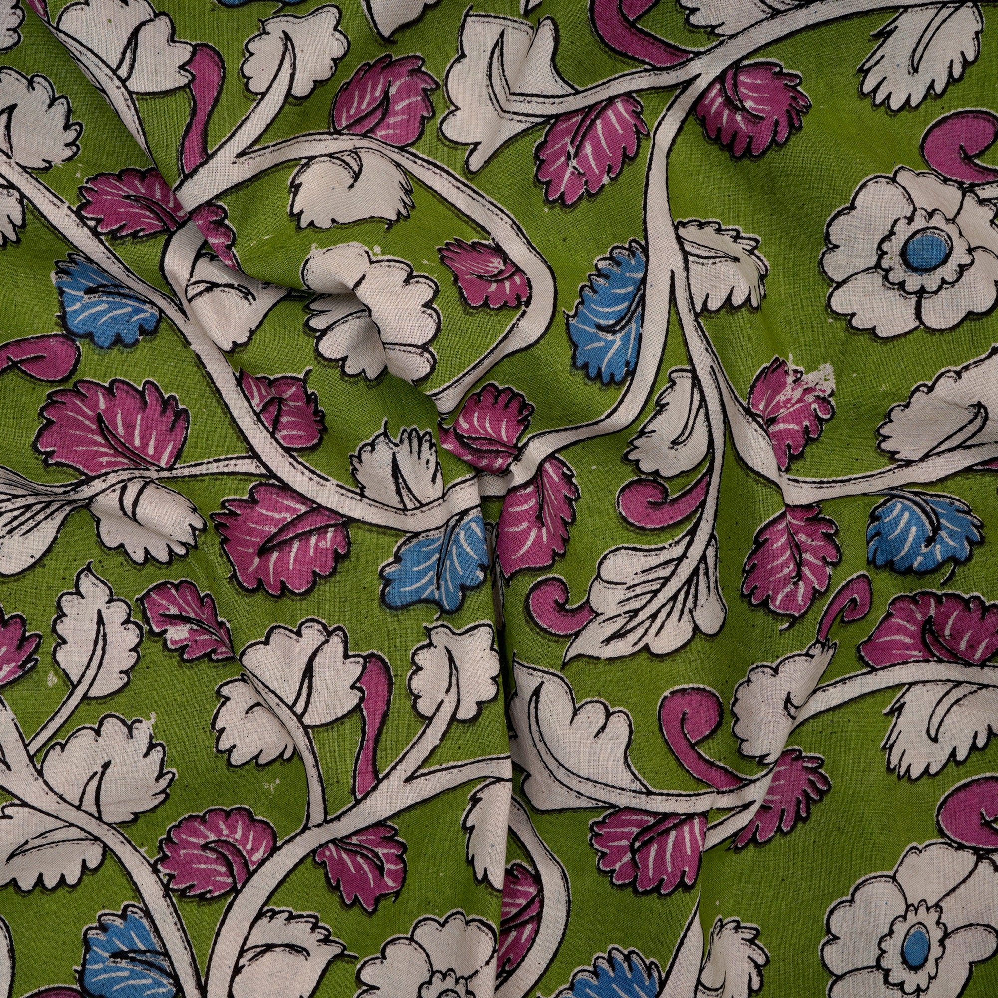 (Pre-Cut 4.30 Mtr)Green Floral Pattern Screen Printed kalamkari Cotton Fabric