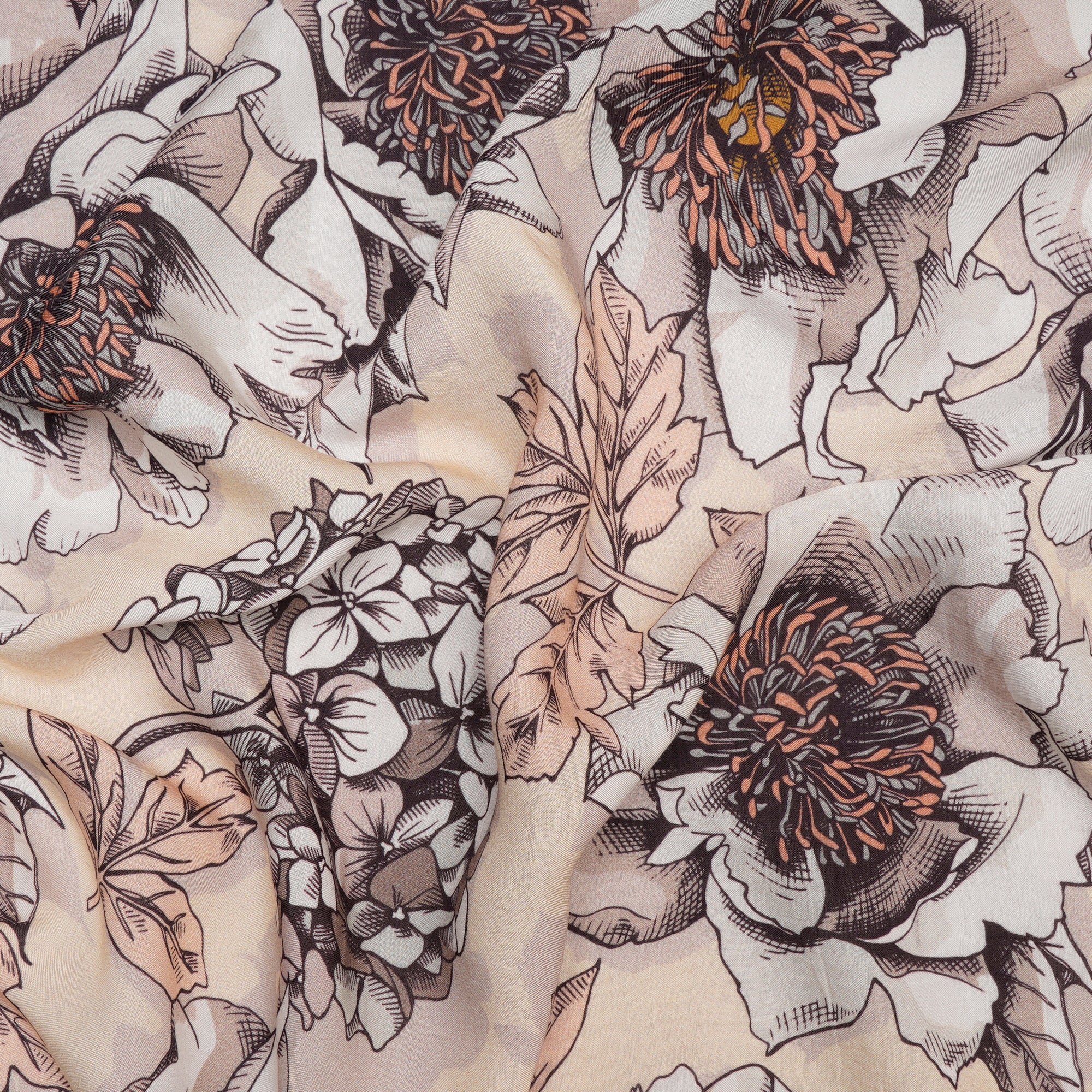 (Pre Cut 0.50 Mtr ) Cream Floral Pattern Digital Print Bemberg Modal Fabric