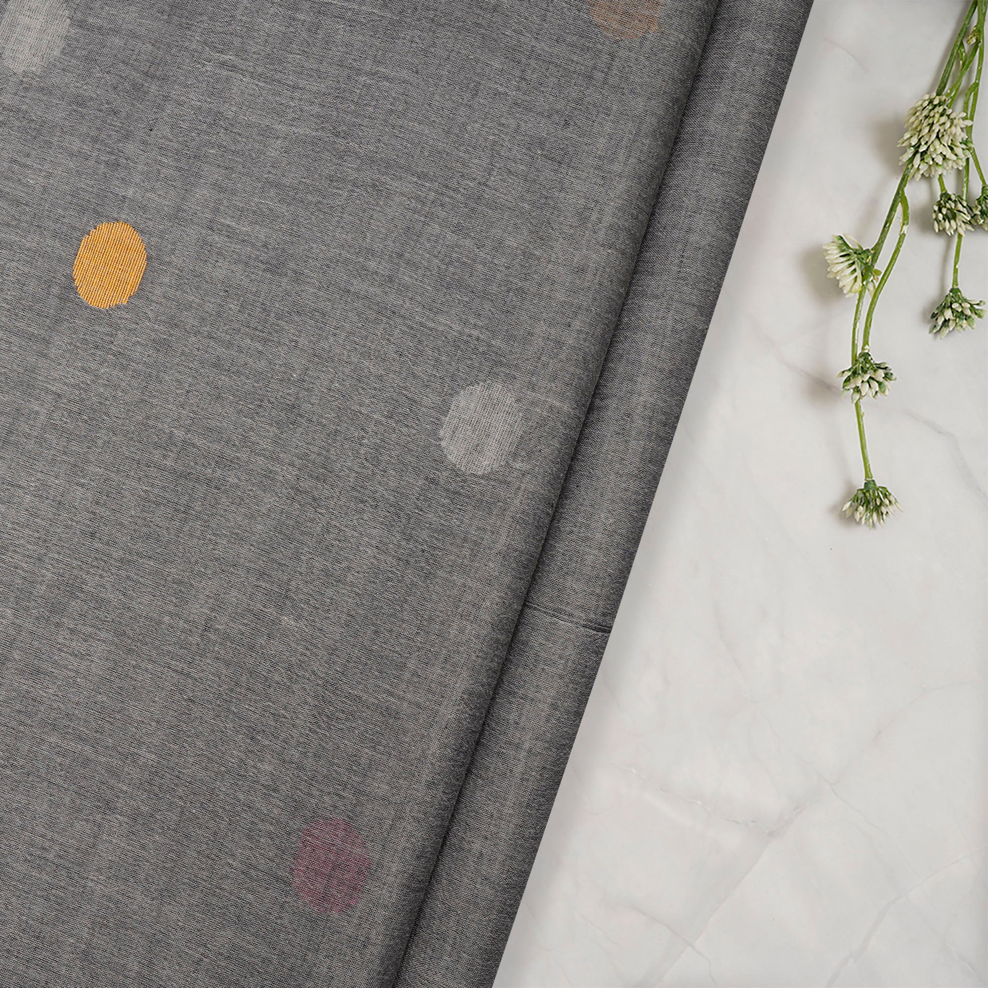(Pre-Cut 1.80 Mtr)Grey Color Handloom Jamdani Pure Cotton Fabric