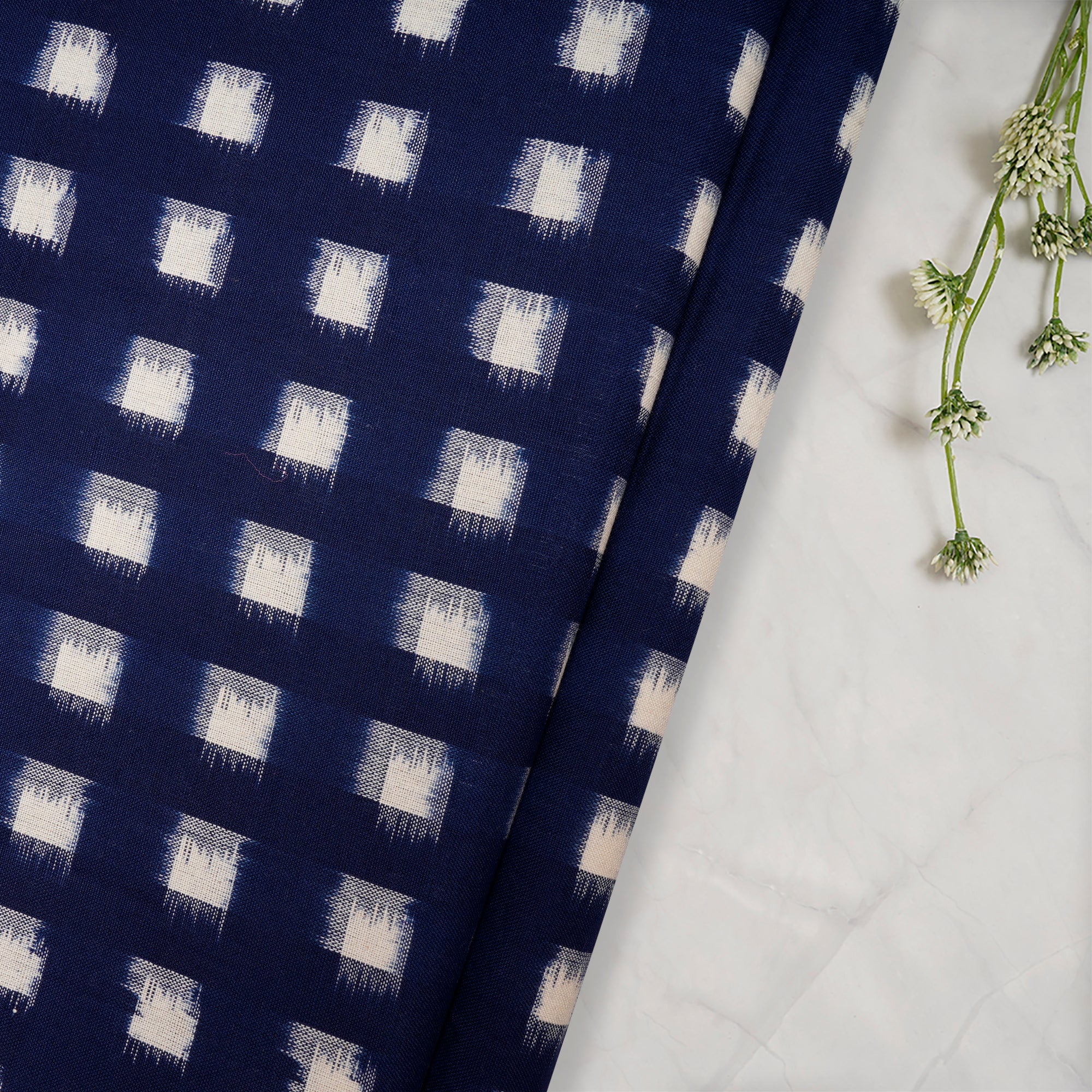 (Pre Cut 0.65 Mtr )Blue-White Washed Woven Ikat Cotton Fabric