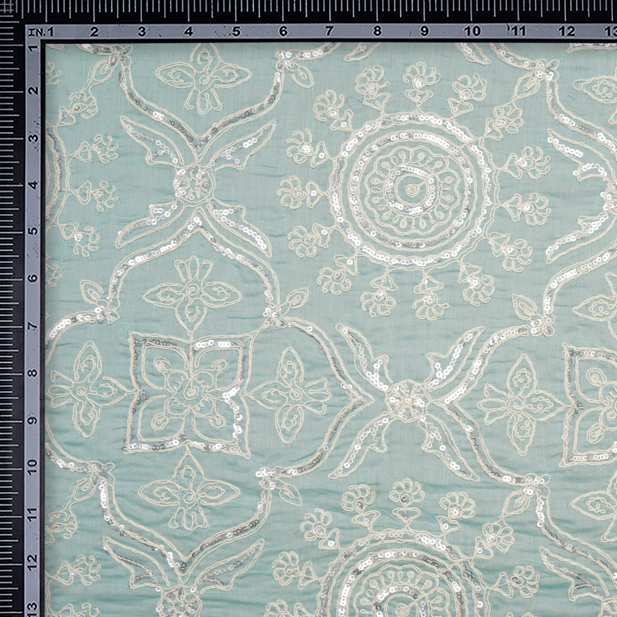 (Pre Cut 0.65Mtr )Light Blue Embroidered Pure Chanderi Fabric with Sequins Work