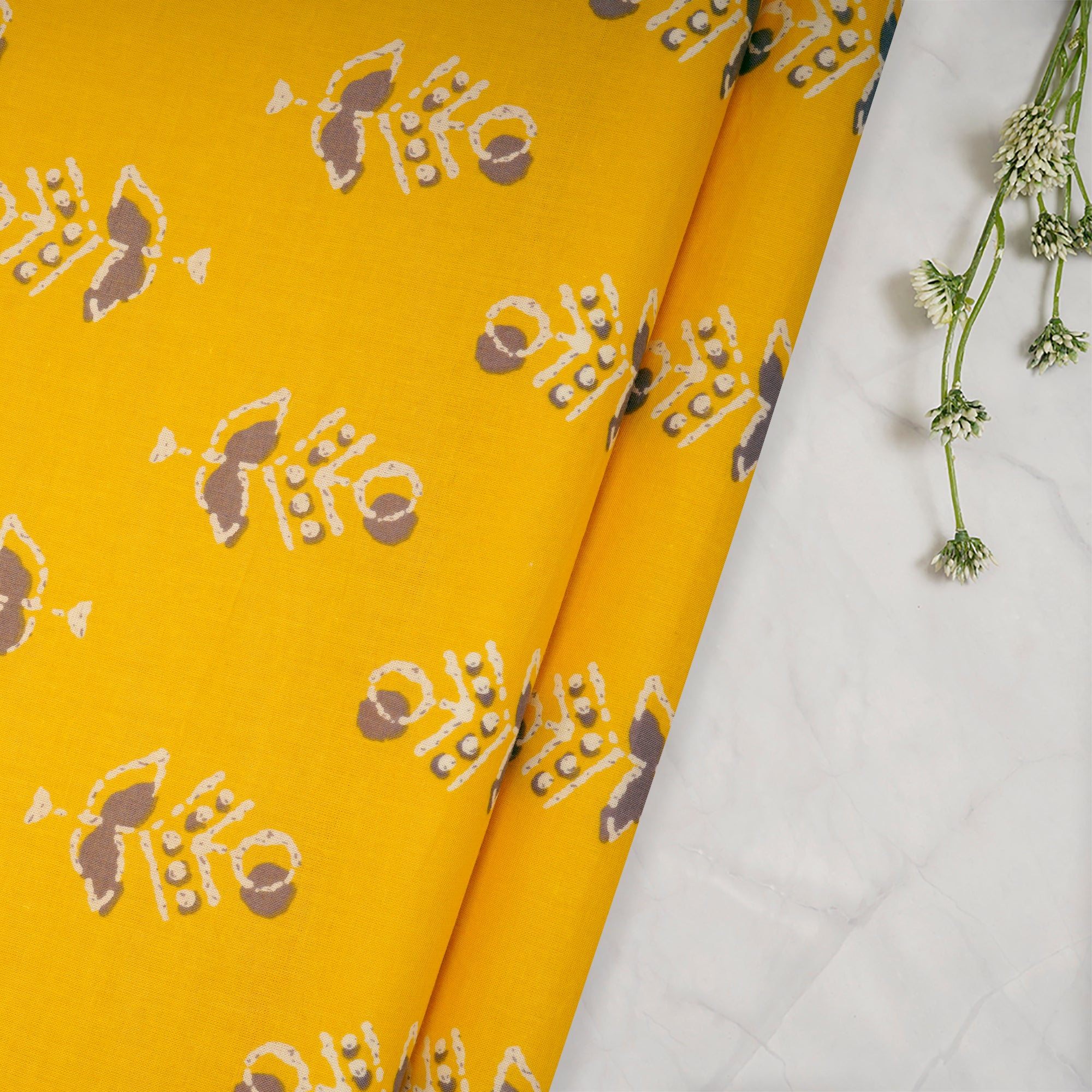 (Pre-Cut 0.50 Mtr)Yellow Floral Motif Screen Printed Pure Cotton Fabric