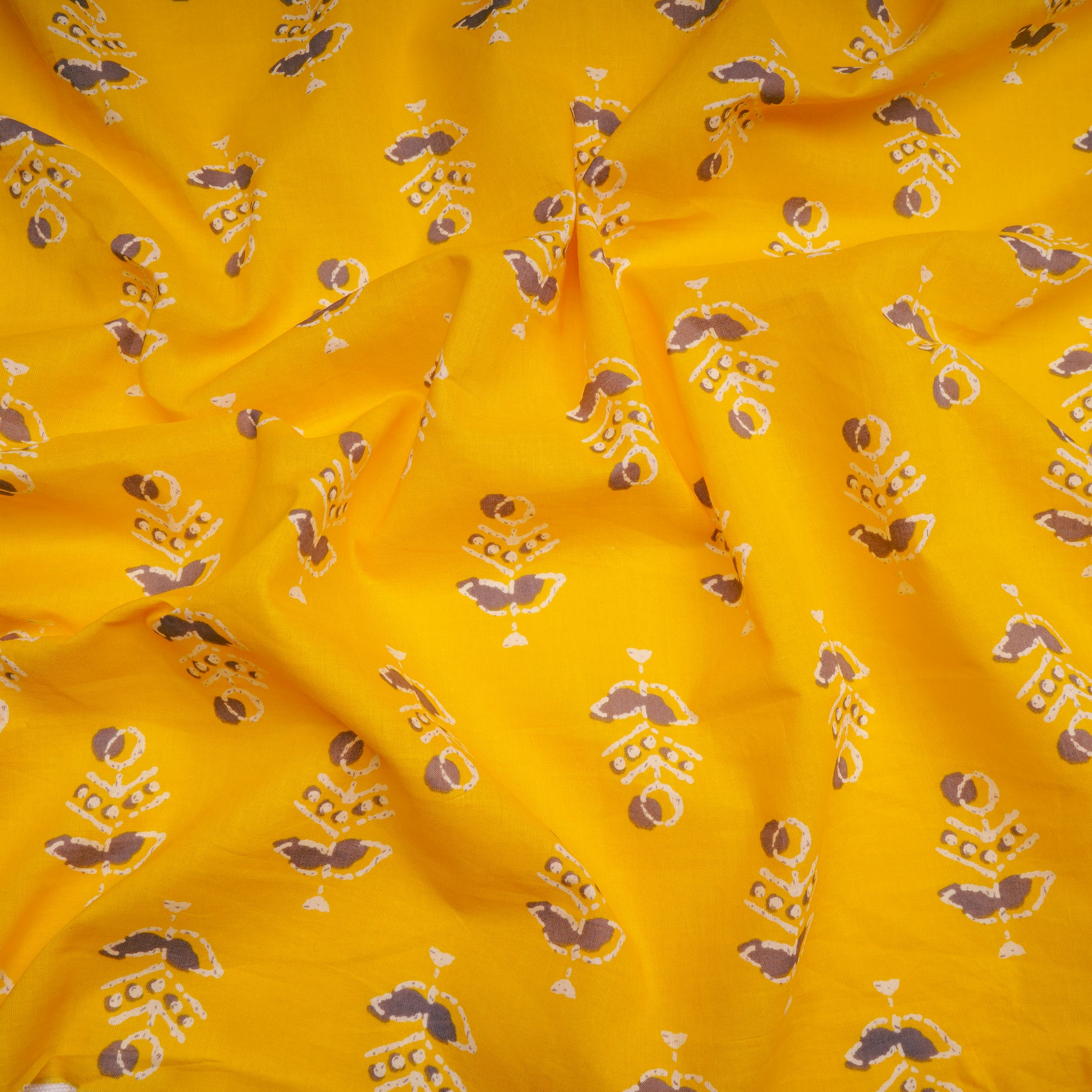 (Pre-Cut 0.50 Mtr)Yellow Floral Motif Screen Printed Pure Cotton Fabric