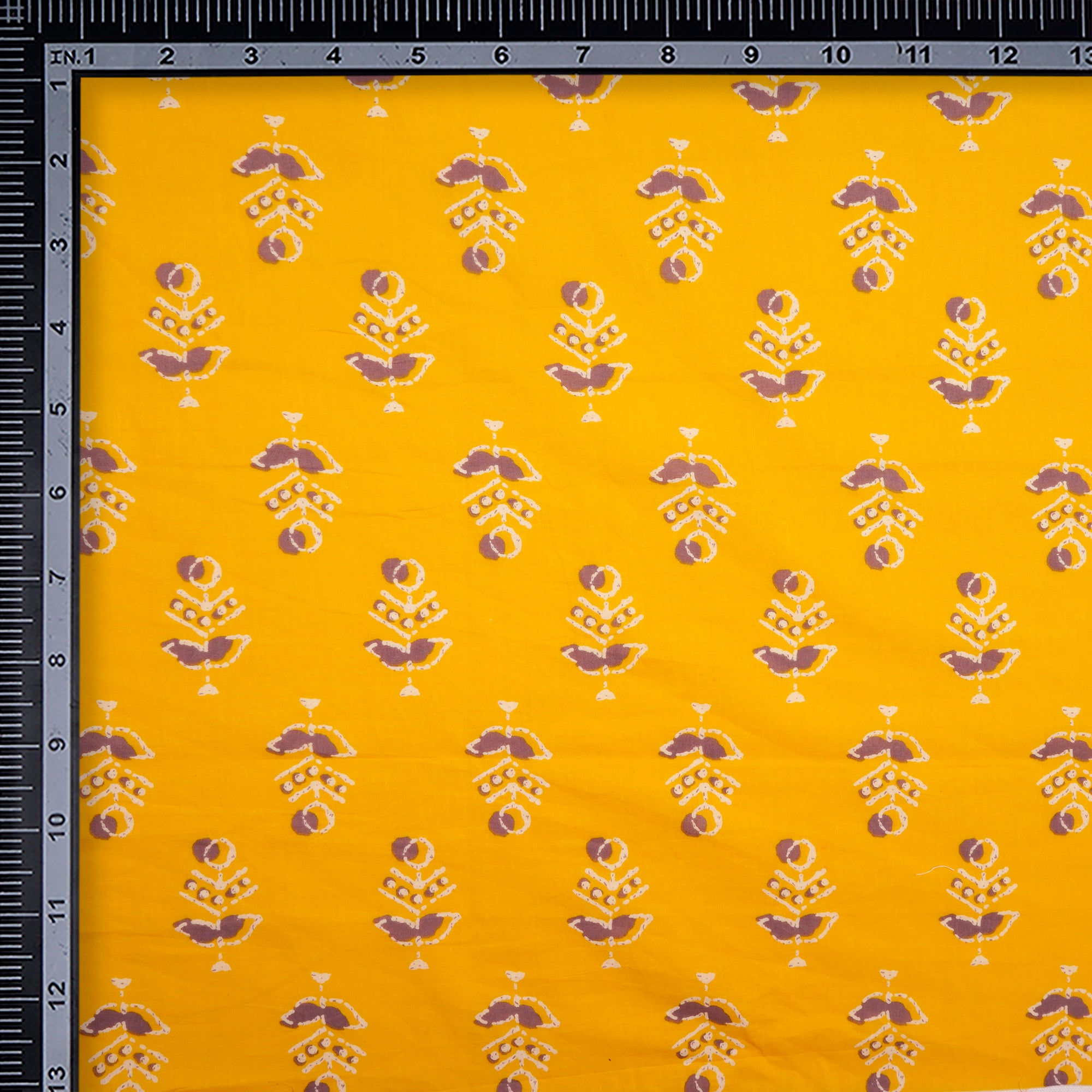 (Pre-Cut 0.50 Mtr)Yellow Floral Motif Screen Printed Pure Cotton Fabric