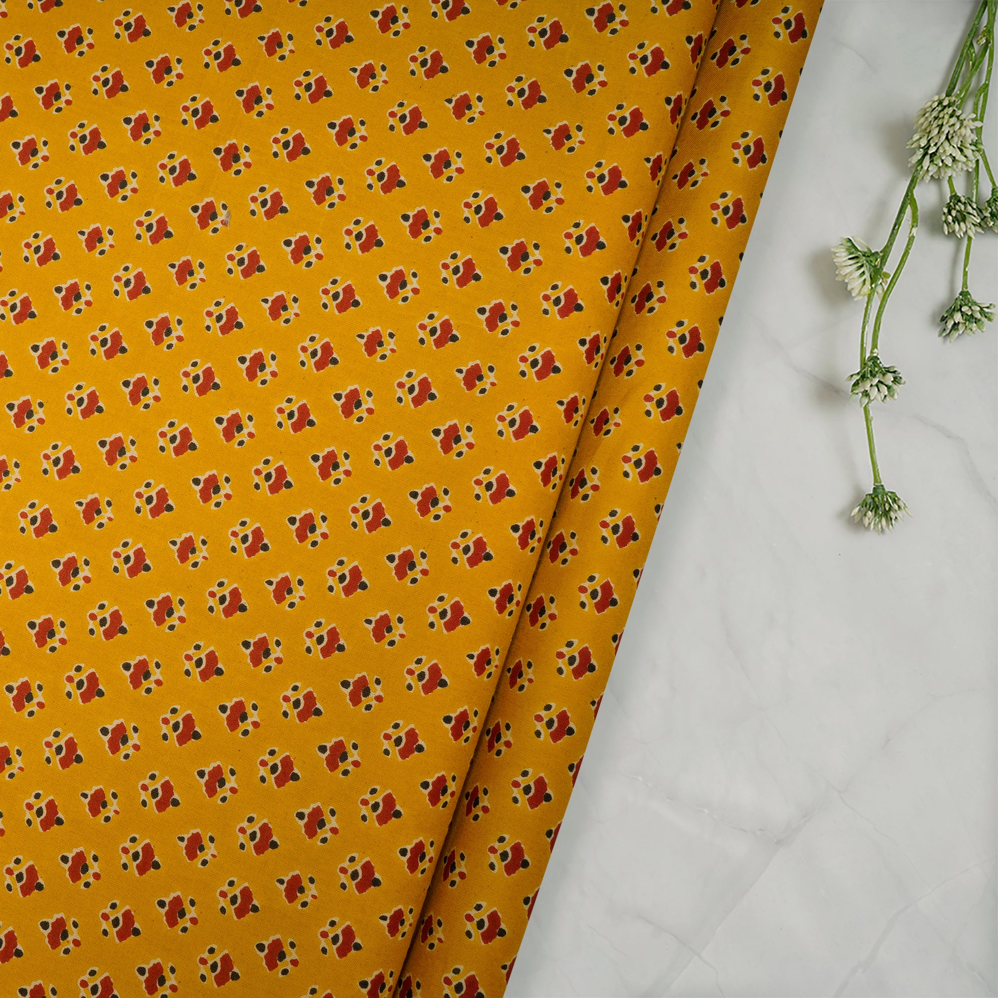 (Pre Cut 0.70 Mtr )Mustard Floral Booti Screen Printed Pure Cotton Fabric