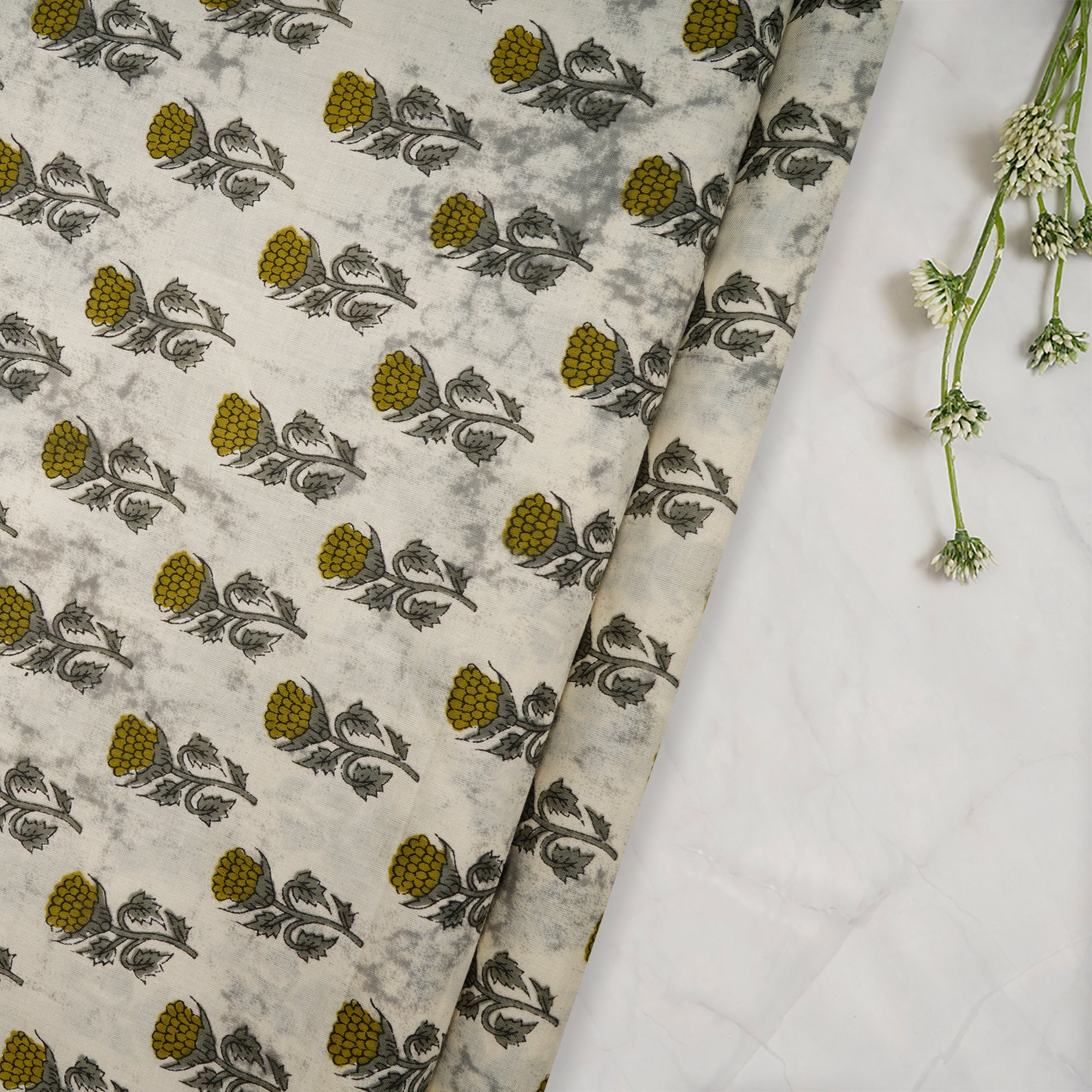 (Pre-Cut 1.25 Mtr)Grey-Off White Floral Booti Screen Printed Pure Cotton Fabric