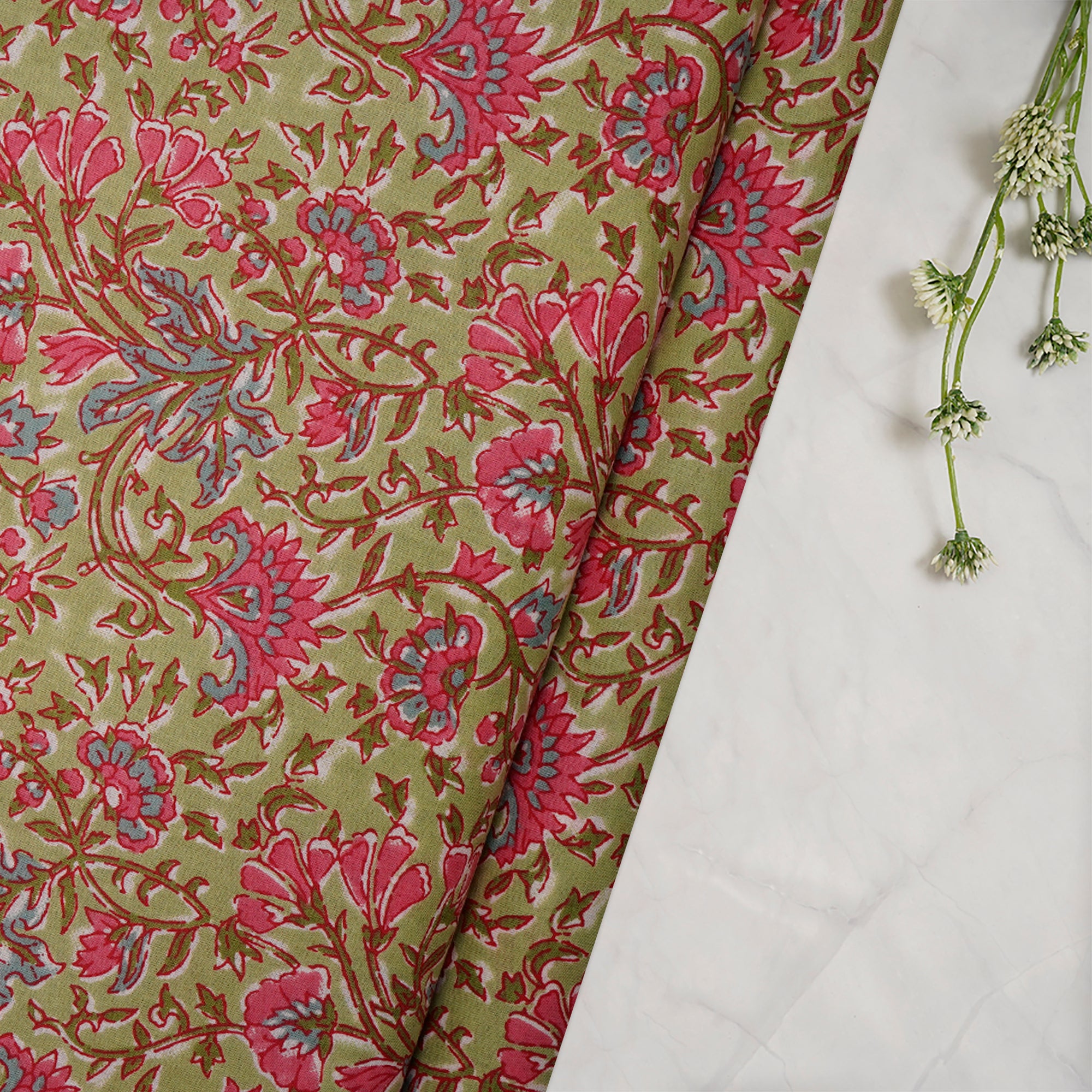 (Pre-Cut 1.30 Mtr)Light Green Floral Pattern Screen Printed Pure Cotton Fabric