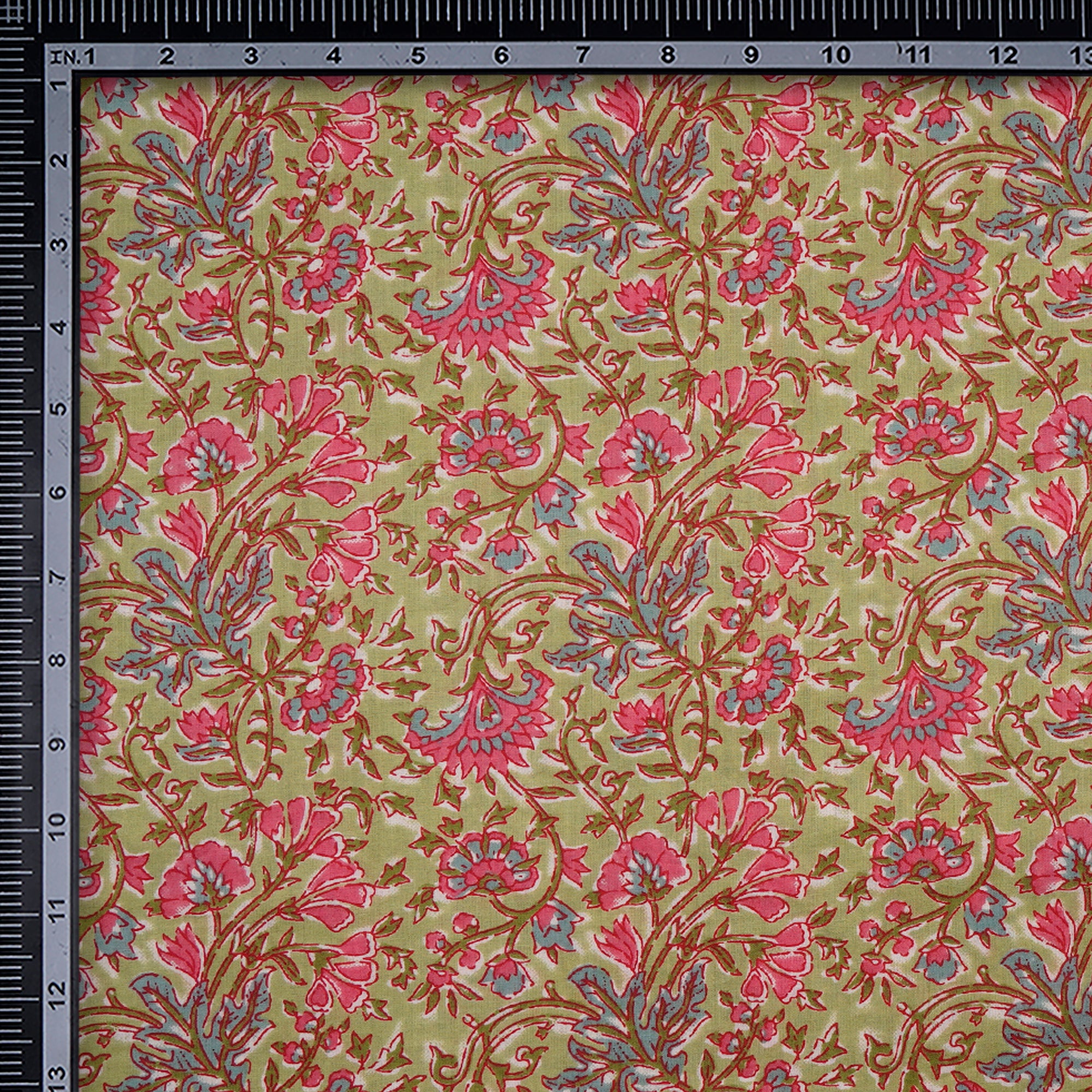 (Pre-Cut 1.30 Mtr)Light Green Floral Pattern Screen Printed Pure Cotton Fabric