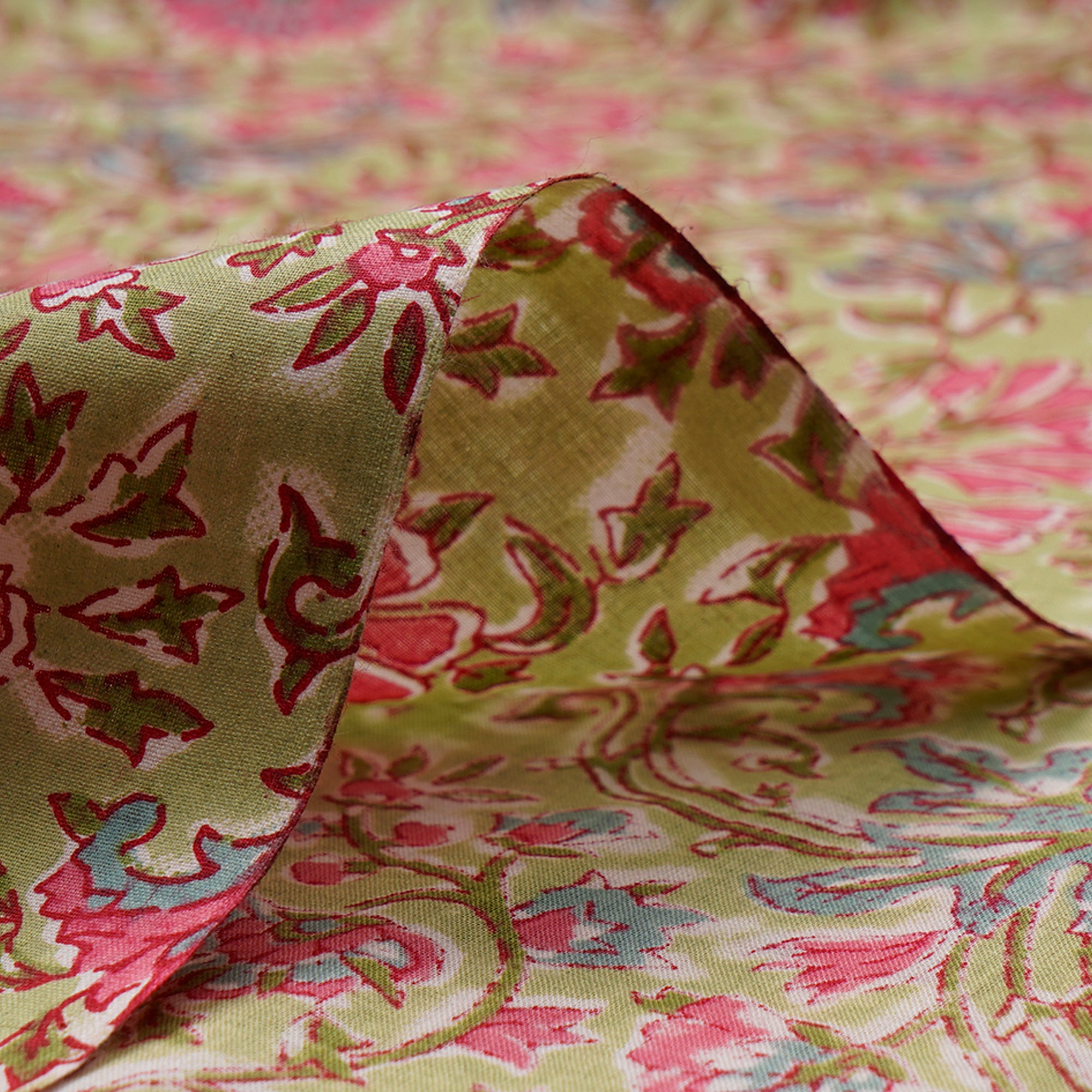 (Pre-Cut 1.30 Mtr)Light Green Floral Pattern Screen Printed Pure Cotton Fabric