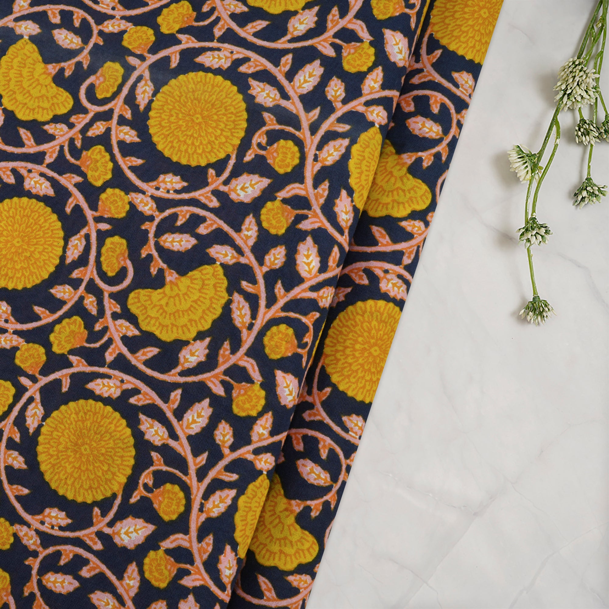 (Pre-Cut 1.80 Mtr)Navy-Yellow Floral Jaal Screen Printed Pure Cotton Fabricprecuts&&2028