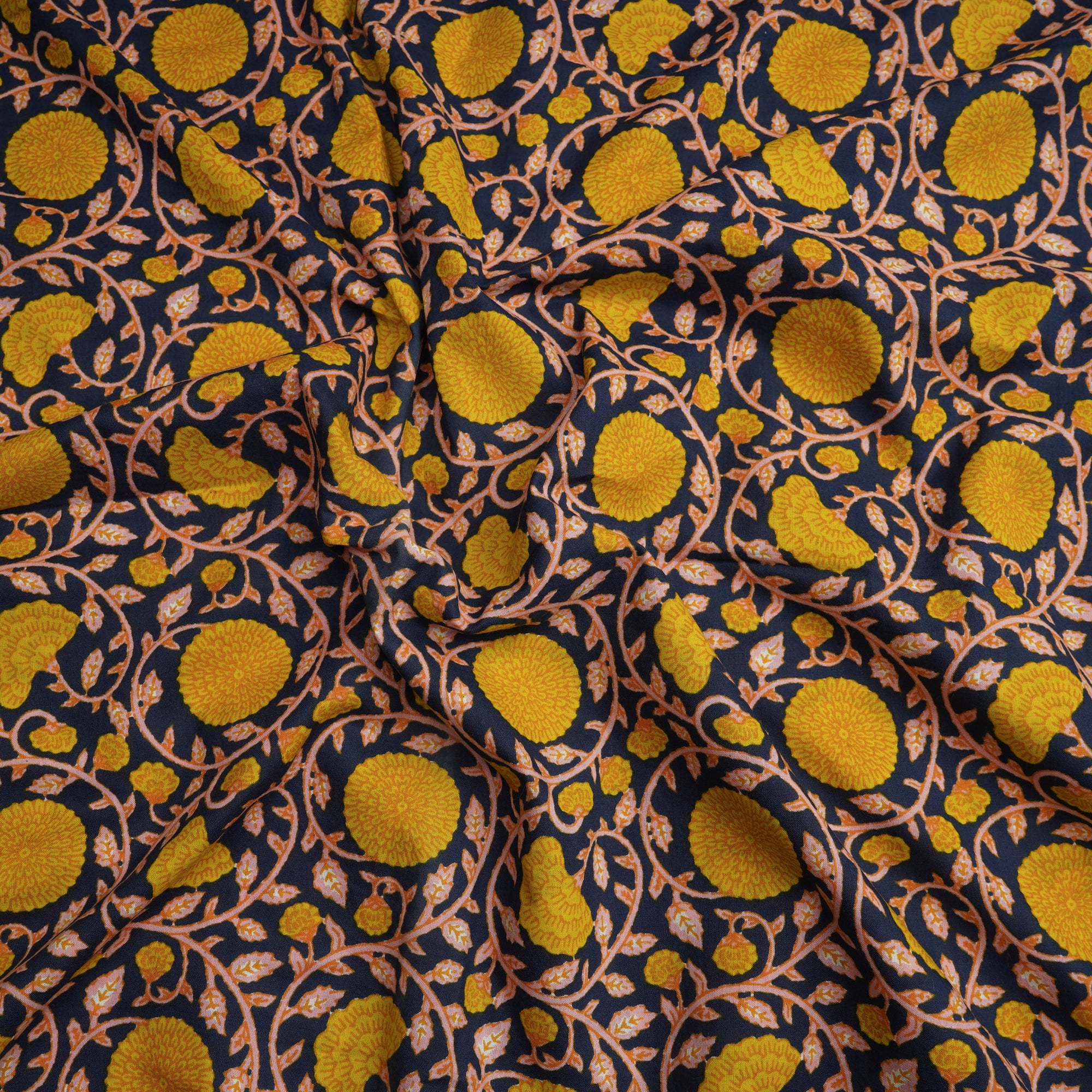 (Pre-Cut 1.80 Mtr)Navy-Yellow Floral Jaal Screen Printed Pure Cotton Fabricprecuts&&2028