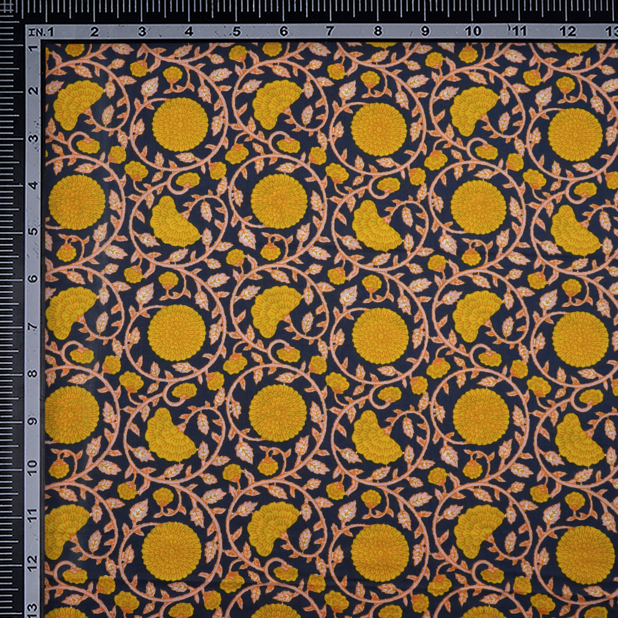 (Pre-Cut 1.80 Mtr)Navy-Yellow Floral Jaal Screen Printed Pure Cotton Fabricprecuts&&2028