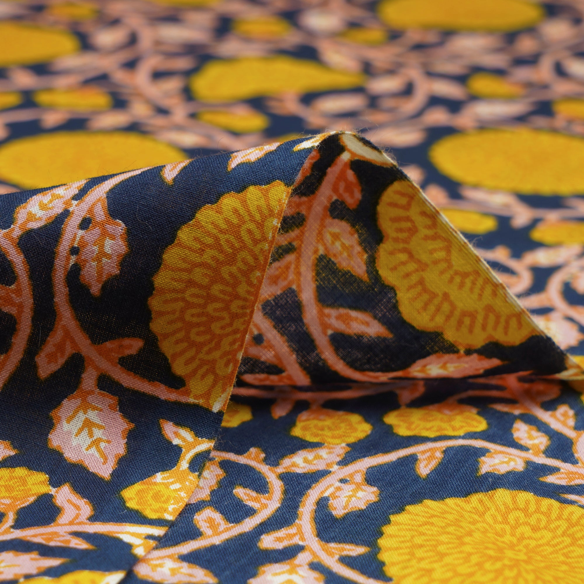 (Pre-Cut 1.80 Mtr)Navy-Yellow Floral Jaal Screen Printed Pure Cotton Fabricprecuts&&2028
