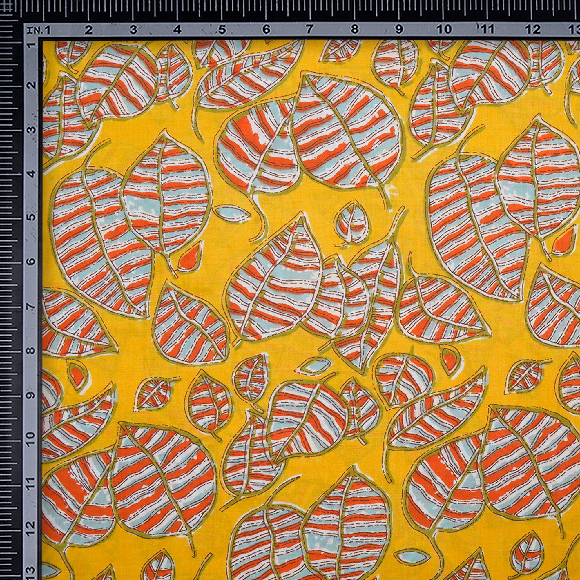 (Pre-Cut 2.00 Mtr) Mustard Leaf Pattern Screen Printed Pure Cotton Fabric