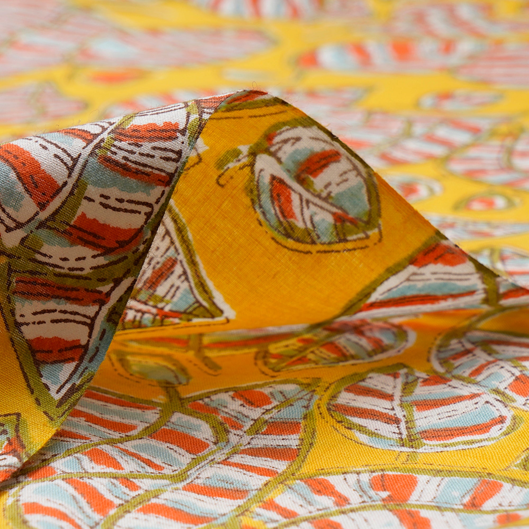 (Pre-Cut 2.00 Mtr) Mustard Leaf Pattern Screen Printed Pure Cotton Fabric