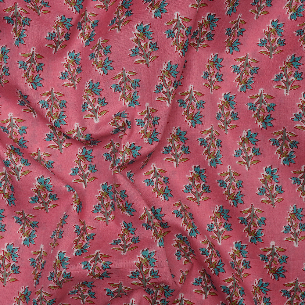 (Pre-Cut 2.40Mtr)Pink Floral Booti Screen Printed Pure Cotton Fabric