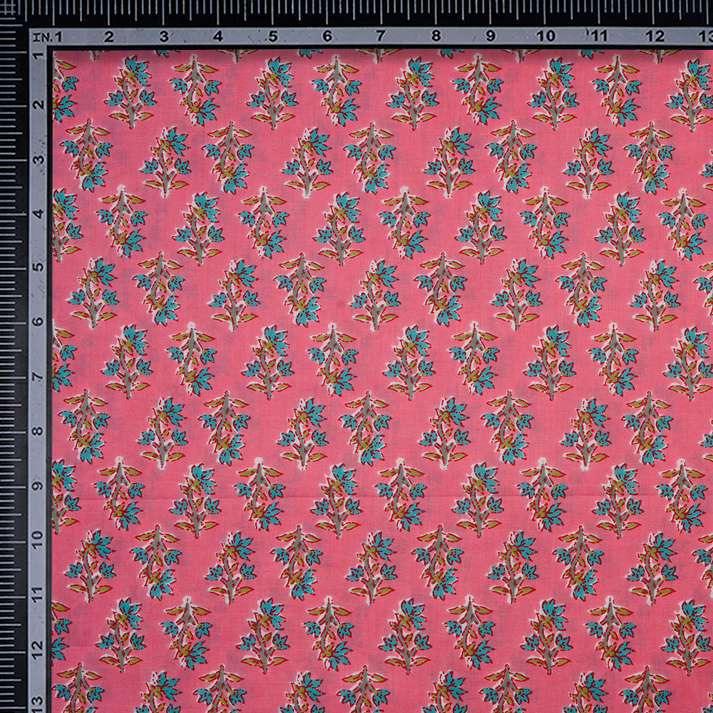 (Pre-Cut 2.40Mtr)Pink Floral Booti Screen Printed Pure Cotton Fabric