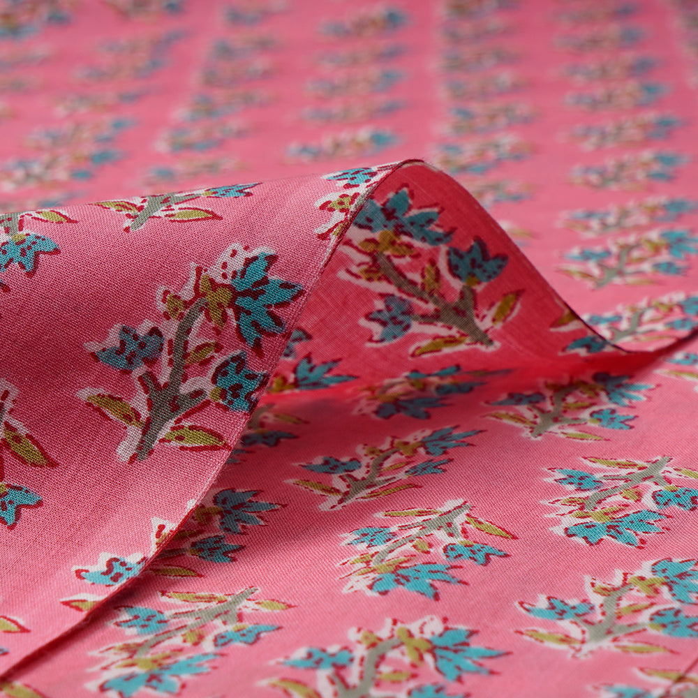 (Pre-Cut 2.40Mtr)Pink Floral Booti Screen Printed Pure Cotton Fabric