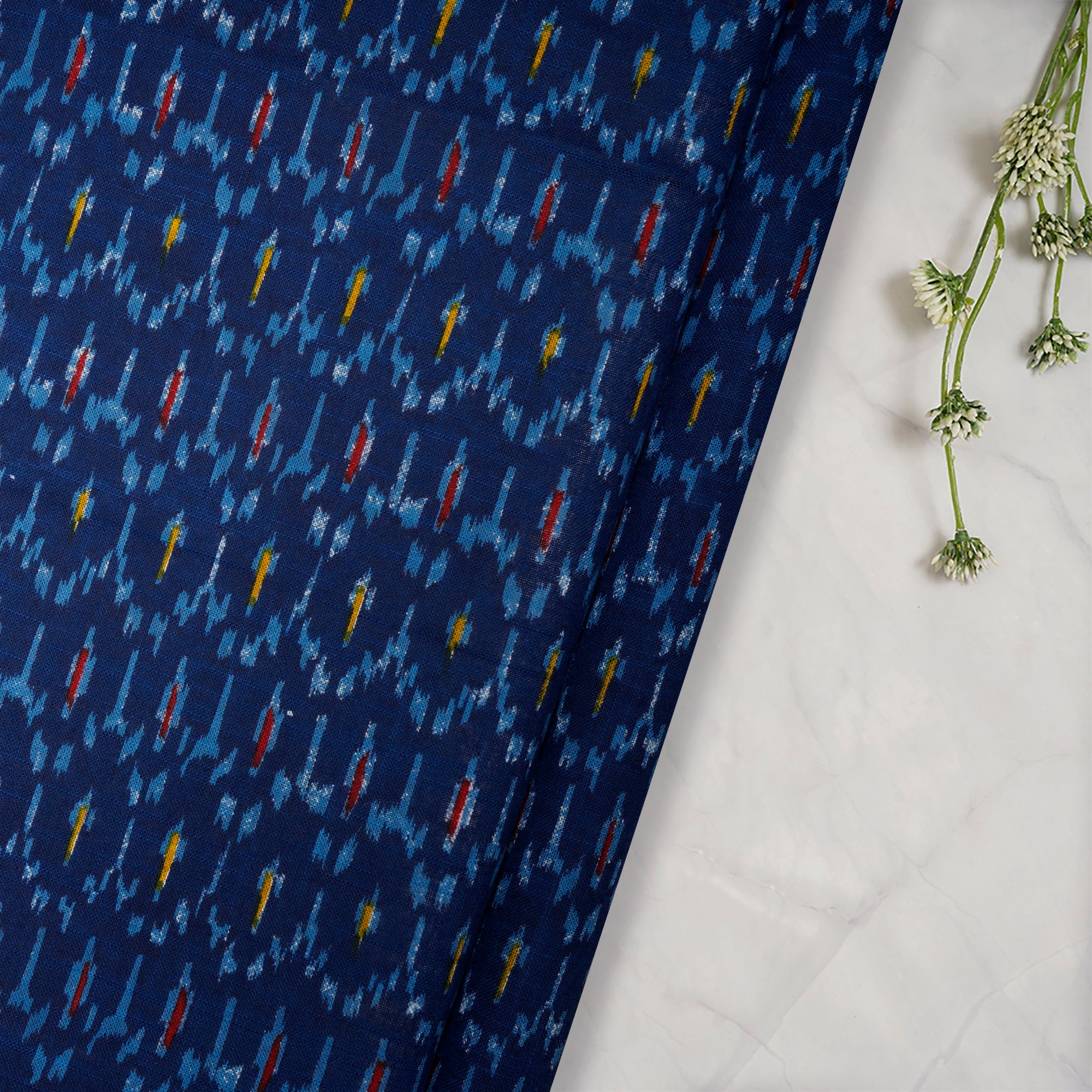 (Pre Cut 0.70 Mtr )Blue Ikat Pattern Screen Printed Slub Cotton Fabric